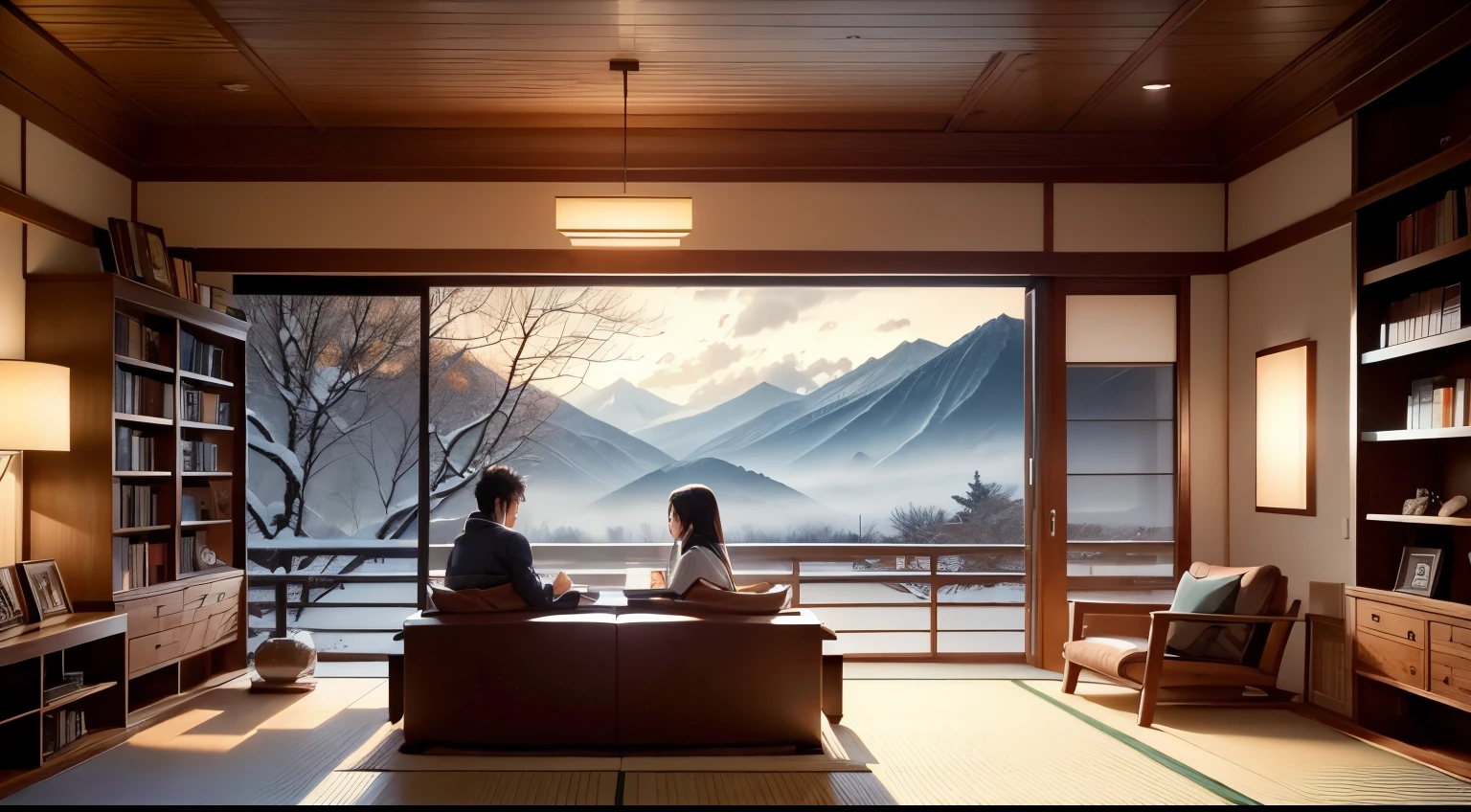 modern Japanese-style home library interior design with a winter nature view. Bookshelves, cozy, dramatic lighting cloudy day, anime couples reading a book together
