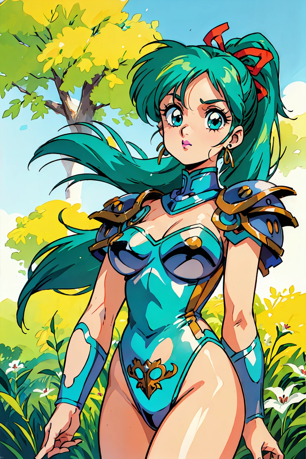 "(masterpiece:1.1), best quality,
1girl, (traditional media 80s:1.4), (eyelashes:1.5), (:1.2),
(intricate high detailed body:1.2),
(blue hair:1.1), (forehead, hair slicked back:1.2), (twintails:1.1), (hair ornament:1.1),
green eyes, (lip stick:1.2),
(gigantic breasts:1.1),
(shy:1.2), (blush:1.1),
(bikini armor, garter belt:1.2), (knight armor, armored boots:1.2),
(suspenders:1.1), (ahoge:1.2), bracelet,
standing, (dynamic pose, action pose:1.2),
(upper body, cowboy shot, looking at viewer:1.1),
(daytime, grassland, outdoors:1.1)"