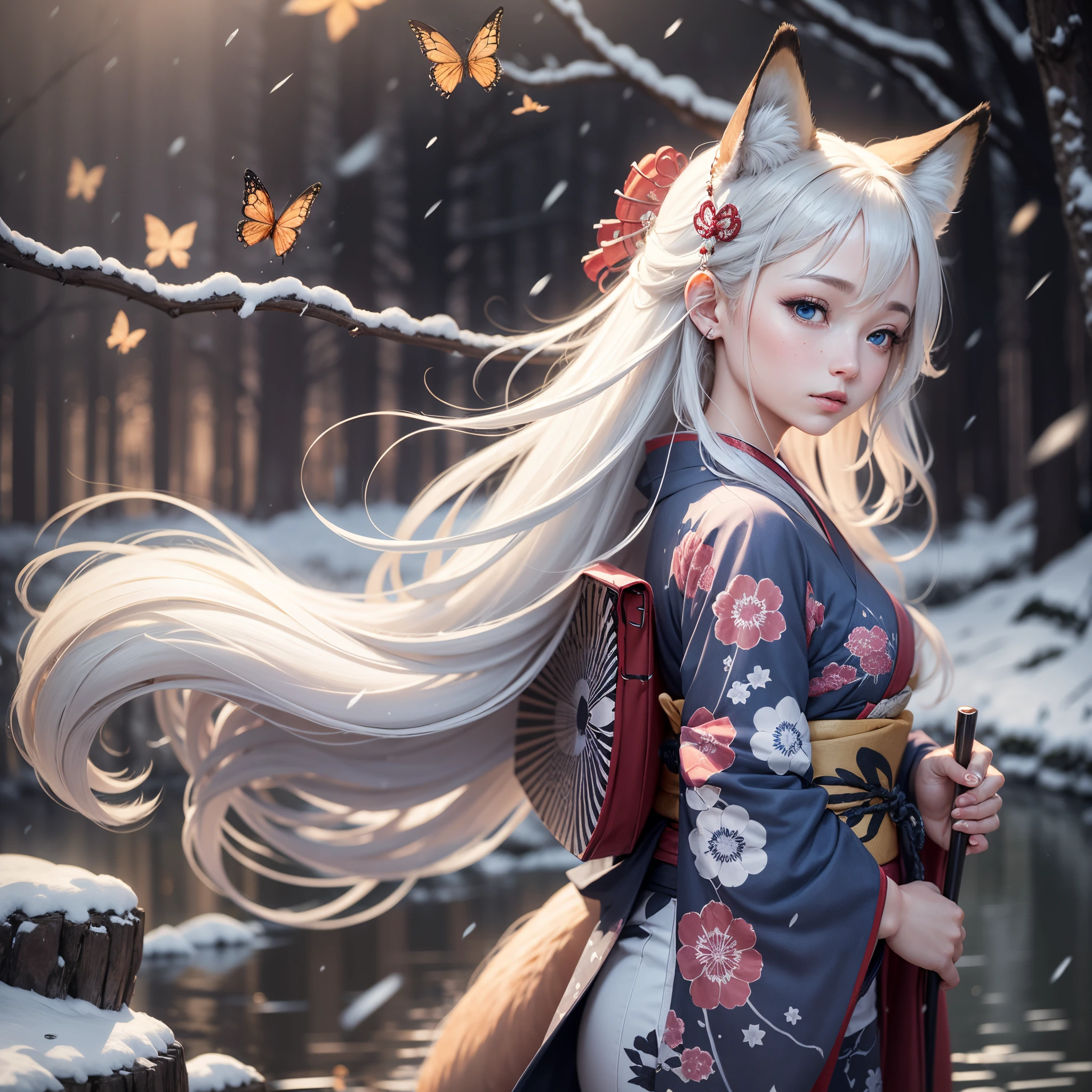 (High detailed CG unity 16k wallpaper:1.1), (noise reduction strength:1.45), (masterpiece:1.37), original, (very fine and beautiful), (perfect details), (unity CG 8k wallpaper:1.05), (beautiful crisp background:1.25), (one pretty girl (2 fox ears:0.9) with (fox tail on the back:1.2) standing by the river:1.15). (pretty type:1.3), (thin pretty eyes:1.retty face:1.3), silver hair, (pink hair:0.7), (pink ears:0.7), long hair, (Japanese kimono:1.25), (hair blowing in wind:1.1), (blue eyes:1.1), ( girl:1. 1) fluttering butterfly, (moonlight:0 .6), Tree, snow fluttering, (Winter orientation), (Night:1.2), (Gloves:0.8), Solo, (Illustration), (Depth of field:0.7), (Close-up :0.35), God rays, sparks, glowing light, (Mast piece) --auto --s2