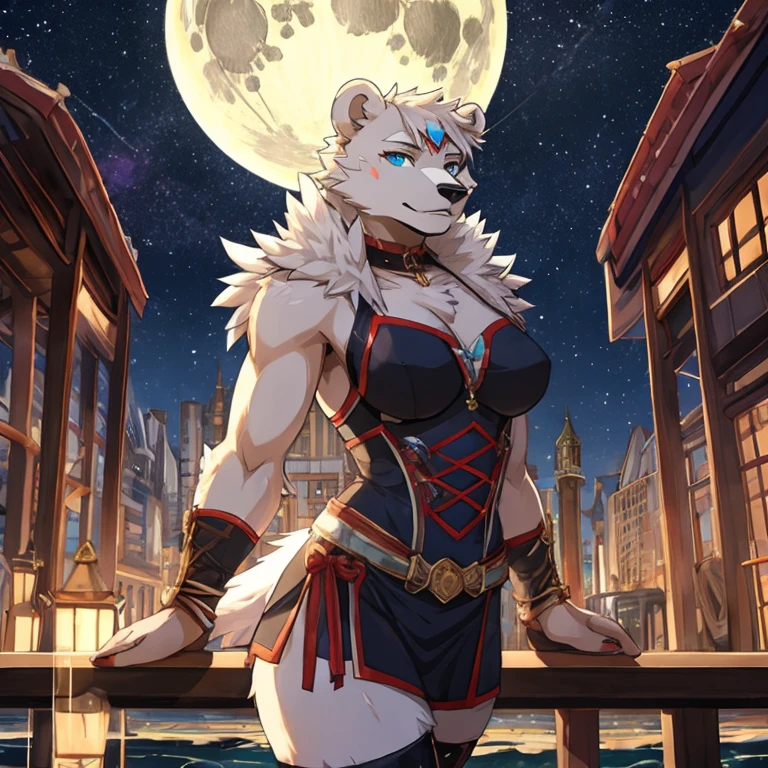 A strong female polar bear is looking at the moon in the river