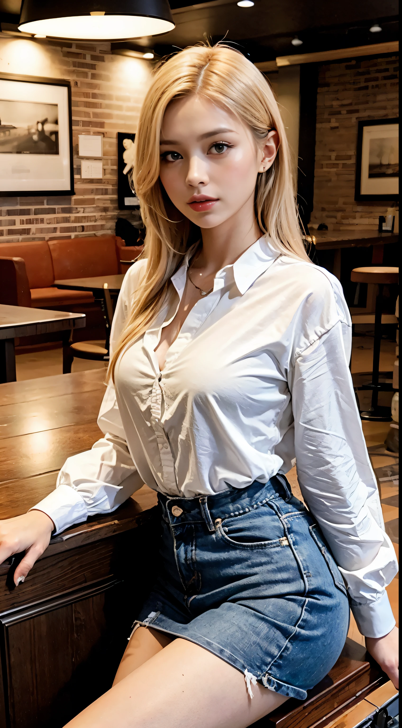 Katherine McNamara wearing a blouse and jeans with great cleavage and smiling