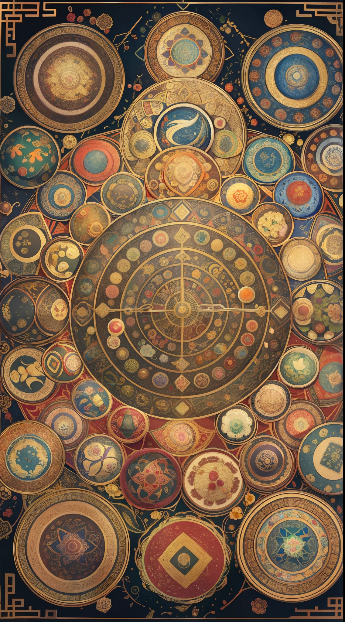 Masterpiece、top-quality、detaileds、mandalas（a Mandala、Sanskrit：मण्डल maṇḍala、Tibetan：དཀྱིལ་འཁོར་（Kincol, dkyil 'khor））What is、An image that schematically shows a tower where various Buddhas and deities gather around the main deity, based on the sutras of Esoteric Buddhism.[1]。 Esoteric Buddhism scriptures teach mandala、This idea is expressed through the structure of a mandala.[2]、There are hundreds of types。Originated in ancient India、Central Asia、jpn、Chinese big breasts、Korean Peninsula、spread to Southeast Asian countries。Even in the 21st century、Tibet, where the tradition of esoteric Buddhism is alive and well、Nepal、It is actively produced in Japan and other countries.。As a variation of the kanji notation「mandala」and「mandala」、「Datura stramonium」There are etc.、The designated name of Japan&#39;s important cultural properties is「mandalas」has been unified to、Again「mandalas」written as。 in Japan、Not based on the scriptures and rituals of Esoteric Buddhism、Gods and Buddha gather(Shuue)In the iconography and character strings that、A derivative usage of the word mandala arose.。Also in Tibet、A type of memorial service in which the entire world centered on Mt. Sumeru is offered to the Buddhas of the three generations in the ten directions.「mandala memorial service」Referred to as、The gilt bronze ritual utensils used for this memorial service、Also for the seal that replaces this ritual instrument.、「mandalas」The name is used。