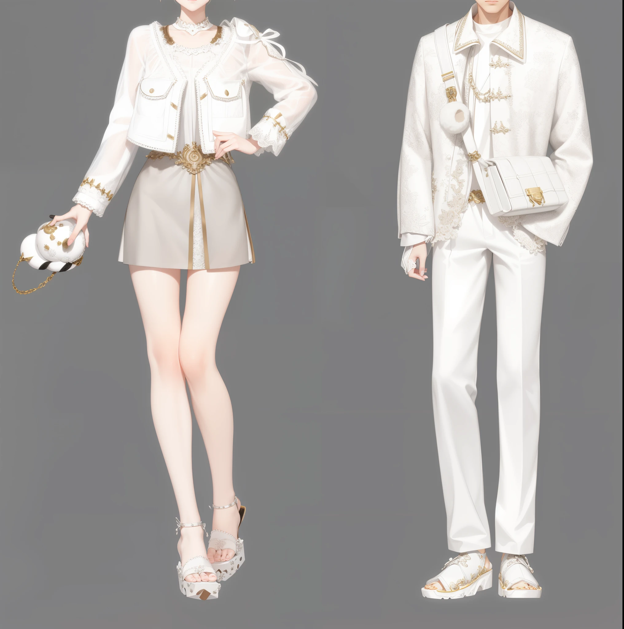 Anime style illustration of several people wearing white clothes, fashion concept art, clear outfit design, lunar themed attire, clothing design, very detailed and rich clothing, Meticulous clothes, clothing concept, Style Games Square Enix, clothes high detail, white  clothes, detailed full body concept art, White fashion clothes, fashion study, Detailed fashion illustration, casual white garment