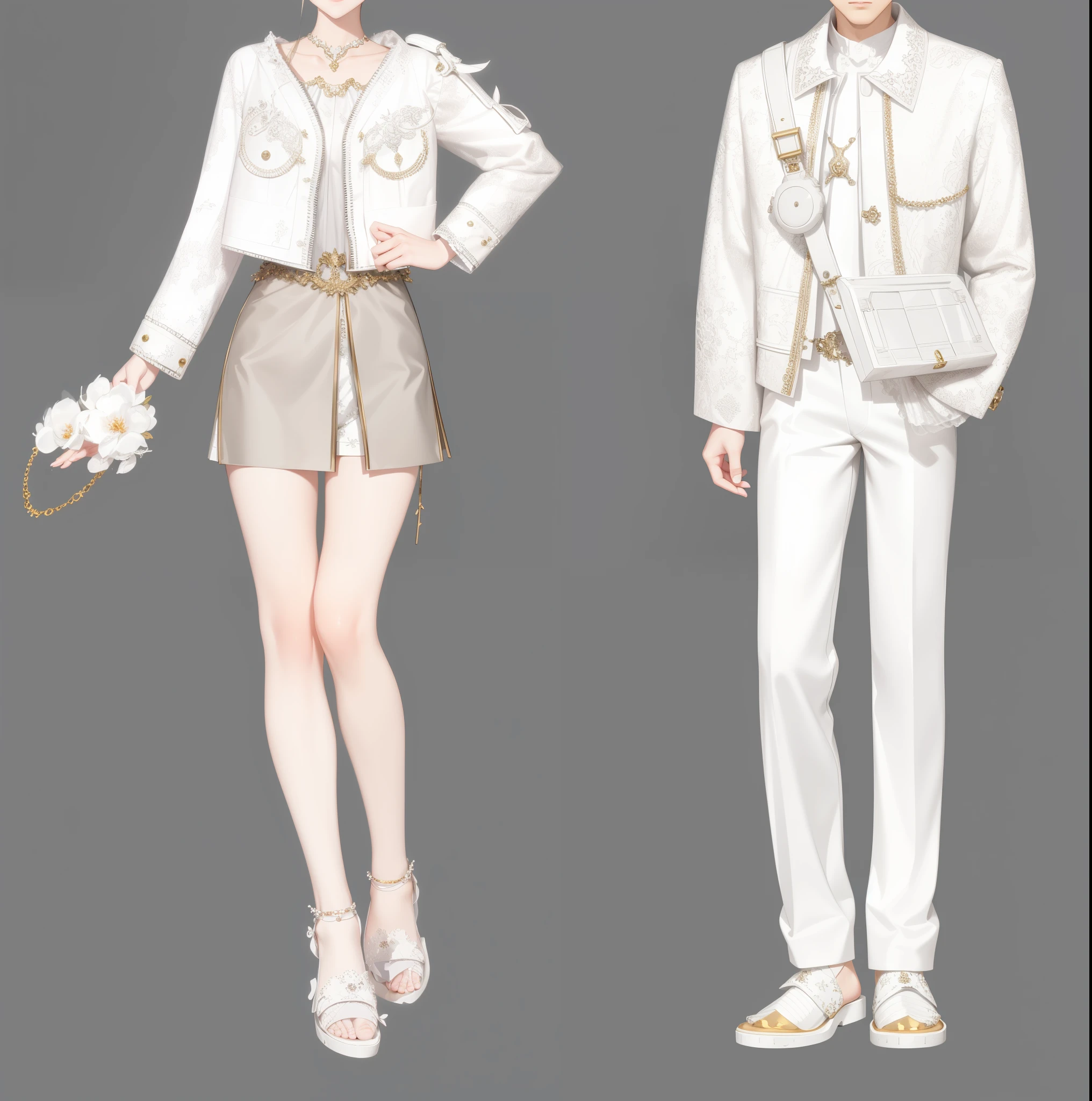 Anime style illustration of several people wearing white clothes, fashion concept art, clear outfit design, lunar themed attire, clothing design, very detailed and rich clothing, Meticulous clothes, clothing concept, Style Games Square Enix, clothes high detail, white  clothes, detailed full body concept art, White fashion clothes, fashion study, Detailed fashion illustration, casual white garment