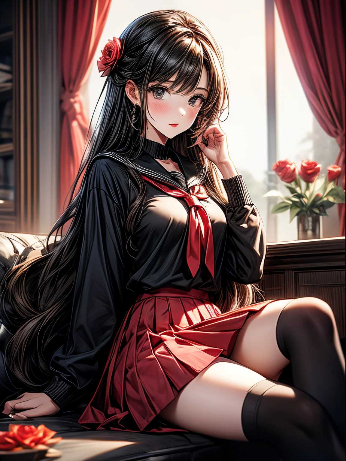 camellia, flower, red_flower, red_rose, rose, katana, 1girl, pink_rose, pink_flower, spider_lily, shoes, long_hair, school_uniform, serafuku, sheath, skirt, solo, sheathed, vase, looking_at_viewer, sitting, orange_flower, pleated_skirt, rose_petals, black_shirt, black_legwear, black_skirt, hibiscus, very_long_hair, parted_lips, loafers, sailor_collar, black_hair, neckerchief