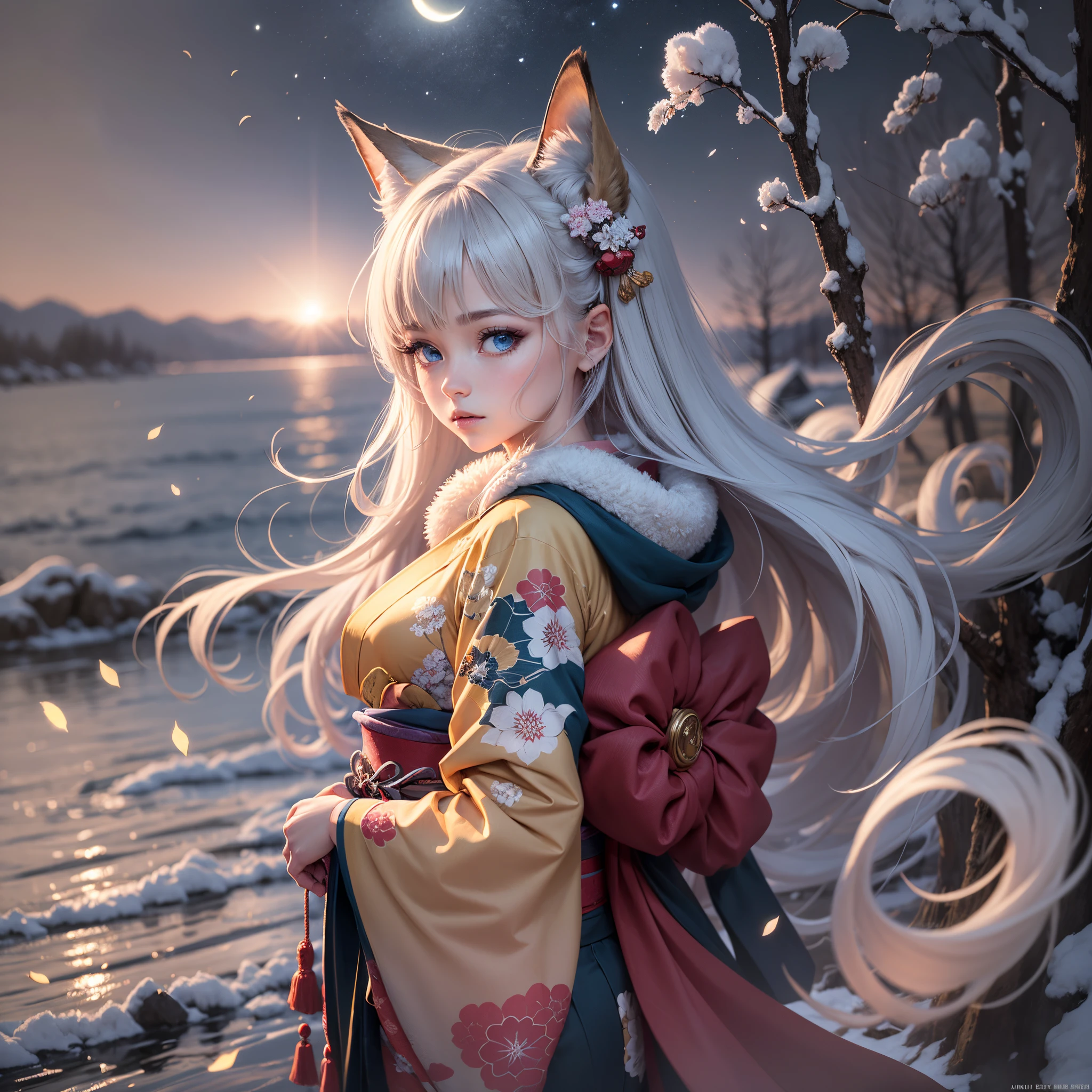 (High detailed CG unity 16k wallpaper:1.1), (noise reduction strength:1.45), (masterpiece:1.37), original, (very fine and beautiful), (perfect details), (unity CG 8k wallpaper:1.05), (beautiful crisp background:1.25), (one pretty girl (2 fox ears:0.9) with (fox tail on the back:1.2) standing by the river:1.15). (pretty type:1.3), (thin pretty eyes:1.retty face:1.3), silver hair, (pink hair:0.7), (pink ears:0.7), long hair, (Japanese kimono:1.25), (hair blowing in wind:1.1), (blue eyes:1.1), ( girl:1. 1) fluttering butterfly, (moonlight:0 .6), Tree, snow fluttering, (Winter orientation), (Night:1.2), (Gloves:0.8), Solo, (Illustration), (Depth of field:0.7), (Close-up :0.35), God rays, sparks, glowing light, (Mast piece) --auto --s2