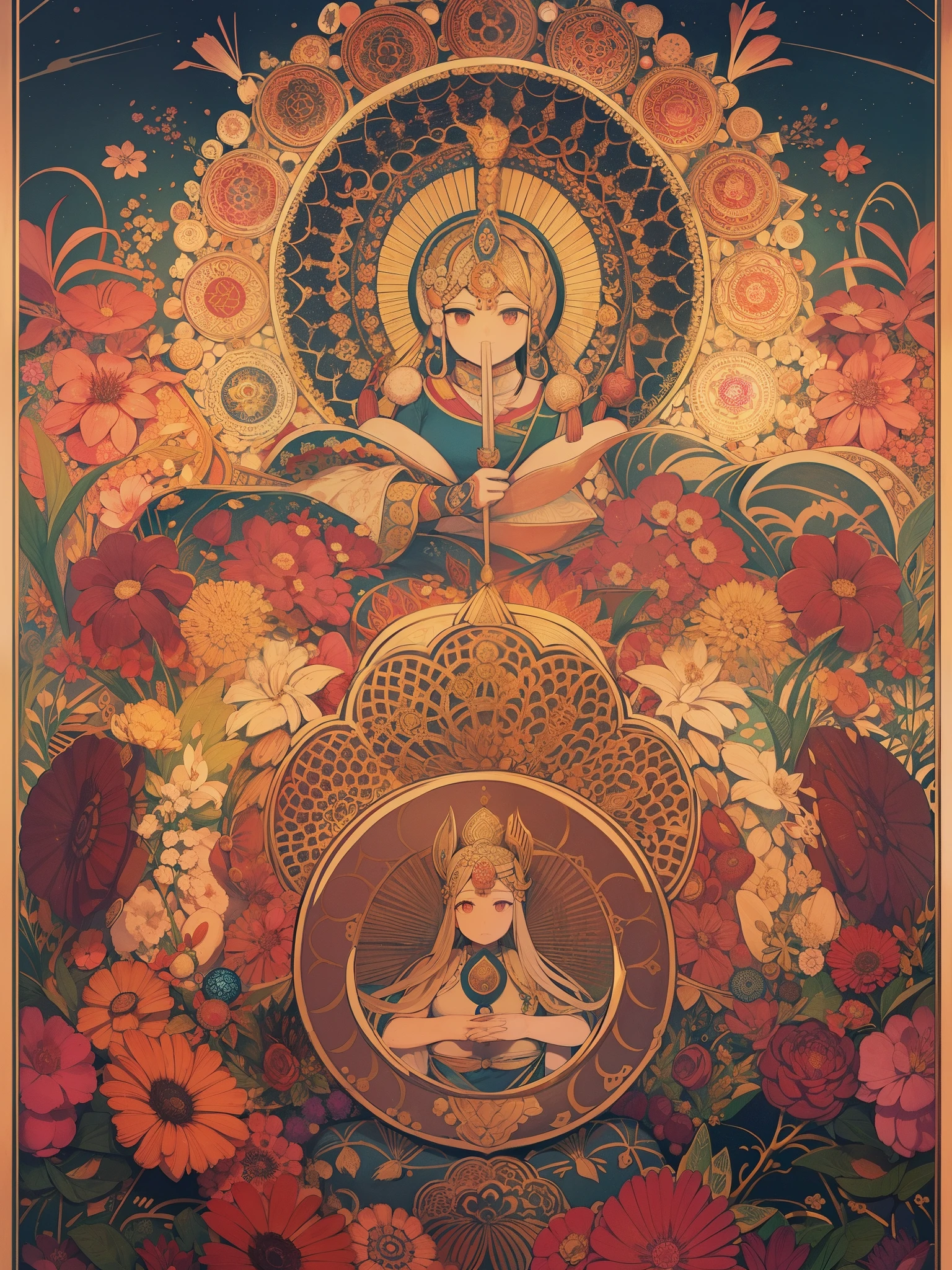 Masterpiece、top-quality、detaileds、mandalas（a Mandala、Sanskrit：मण्डल maṇḍala、Tibetan：དཀྱིལ་འཁོར་（Kincol, dkyil 'khor））What is、An image that schematically shows a tower where various Buddhas and deities gather around the main deity, based on the sutras of Esoteric Buddhism.[1]。 Esoteric Buddhism scriptures teach mandala、This idea is expressed through the structure of a mandala.[2]、There are hundreds of types。Originated in ancient India、Central Asia、jpn、Chinese big breasts、Korean Peninsula、spread to Southeast Asian countries。Even in the 21st century、Tibet, where the tradition of esoteric Buddhism is alive and well、Nepal、It is actively produced in Japan and other countries.。As a variation of the kanji notation「mandala」and「mandala」、「Datura stramonium」There are etc.、The designated name of Japan&#39;s important cultural properties is「mandalas」has been unified to、Again「mandalas」written as。 in Japan、Not based on the scriptures and rituals of Esoteric Buddhism、Gods and Buddha gather(Shuue)In the iconography and character strings that、A derivative usage of the word mandala arose.。Also in Tibet、A type of memorial service in which the entire world centered on Mt. Sumeru is offered to the Buddhas of the three generations in the ten directions.「mandala memorial service」Referred to as、The gilt bronze ritual utensils used for this memorial service、Also for the seal that replaces this ritual instrument.、「mandalas」The name is used。