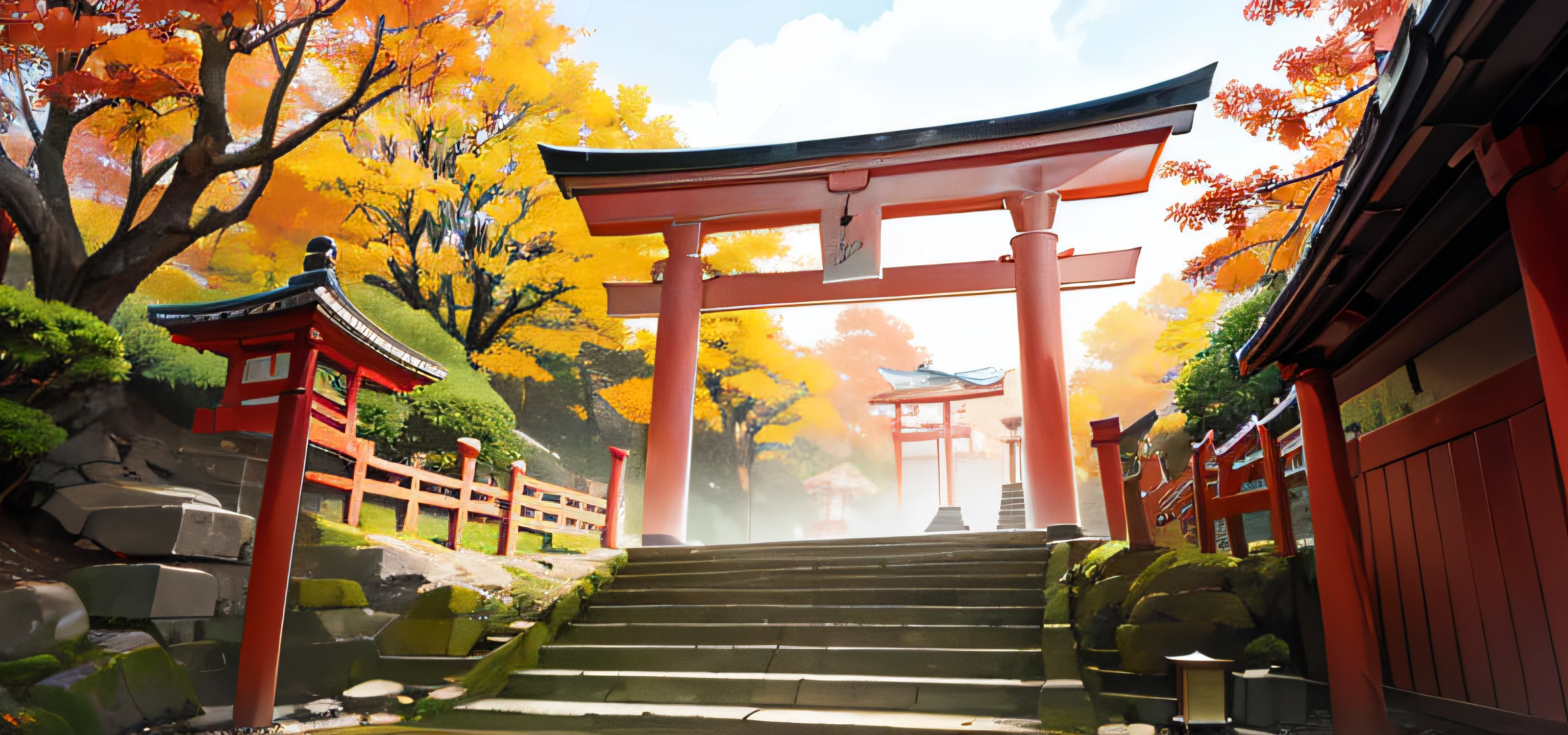 A Japanese shrine，At the end of the stone steps extending upward is the torii gate，New Year's style，soft and bright colors，top-quality，masterpiece