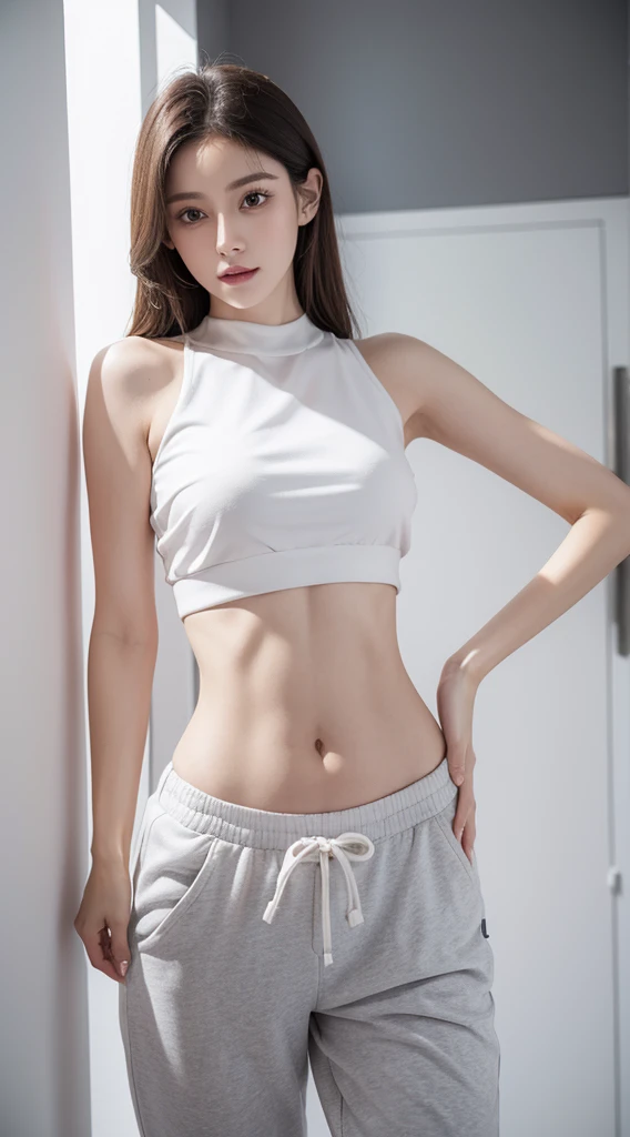 araffed woman in a white top and grey pants standing, her belly button is exposed, belly button showing, physical : tinyest midriff ever, beautiful midriff, tinyest midriff ever, fit dainty figure, tight outfit, wearing a sexy cropped top, fit pic, wearing crop top, exposed midriff, pale skin, smooth pale skin, skin tune pink