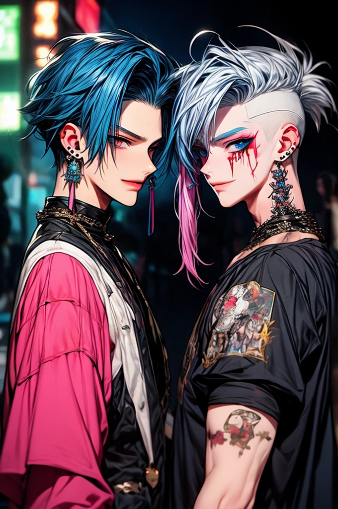 1boys,Single person,Young men,vampiric,fang,Y2K,Emo style,non-mainstream,Mines are boys,Harajuku style,Exaggerated dressing,Intricate ornaments,Rock style,Gothic style,rivet,ear studs,One-sided earrings,two color hair,Pink and blue hair,silver ring,blood,Maniacal laughter,Underground idolale PR