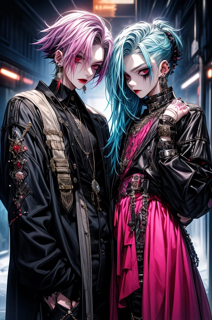 1boys，Single person，Young men，vampiric，fang，Y2K，Emo style，non-mainstream，Mines are boys，Harajuku style，Exaggerated dressing，Intricate ornaments，Rock style，Gothic style，rivet，ear studs，One-sided earrings，two color hair，Pink and blue hair，silver ring，blood，Maniacal laughter，Underground idolale PR