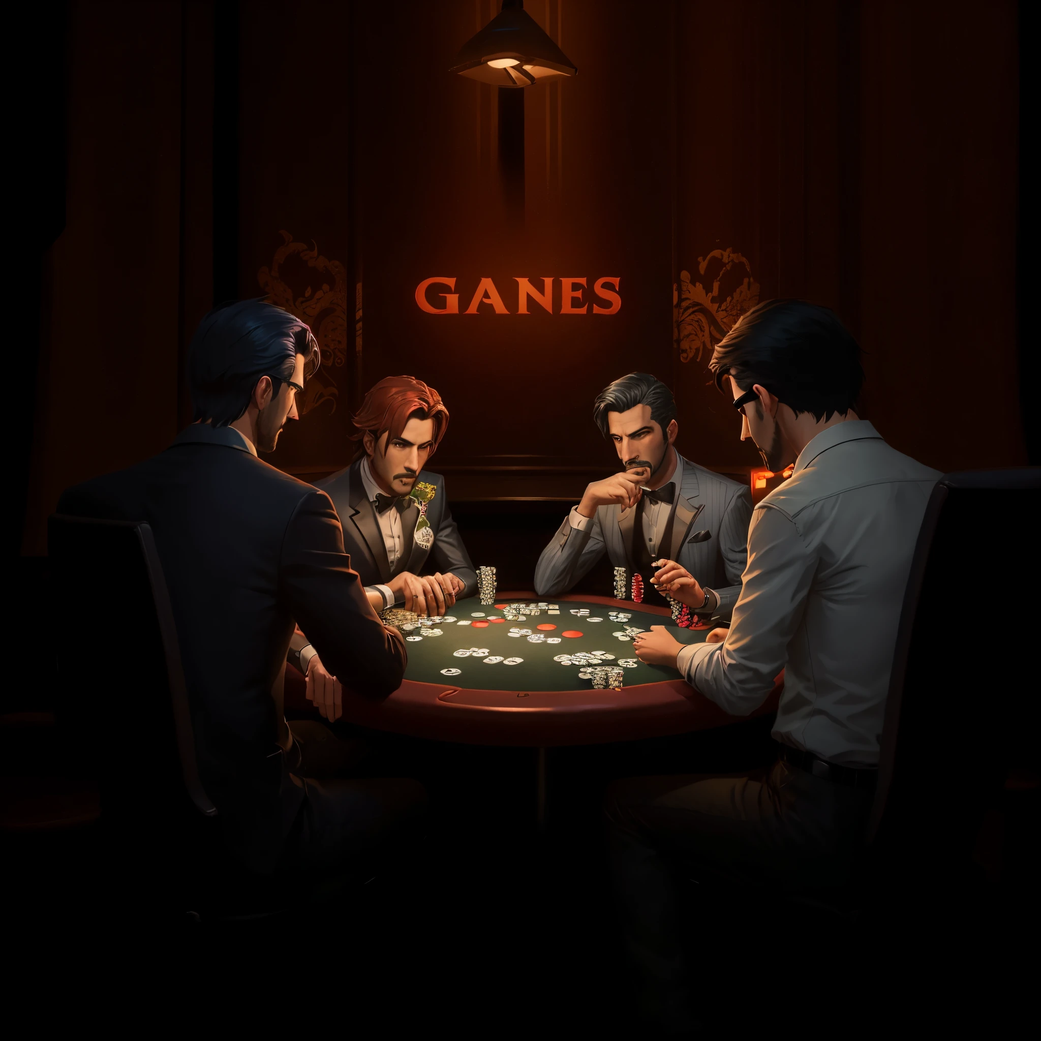 Four people sitting at the table playing cards in a dark room, Game illustration, Card game illustration, casino, Boggs, Play poker, background artwork, , Play poker at the bar, detailed game art illustration, number art #One click game, , The game screen is very hot, Game button art, game render, art for the game, Stylized digital illustration