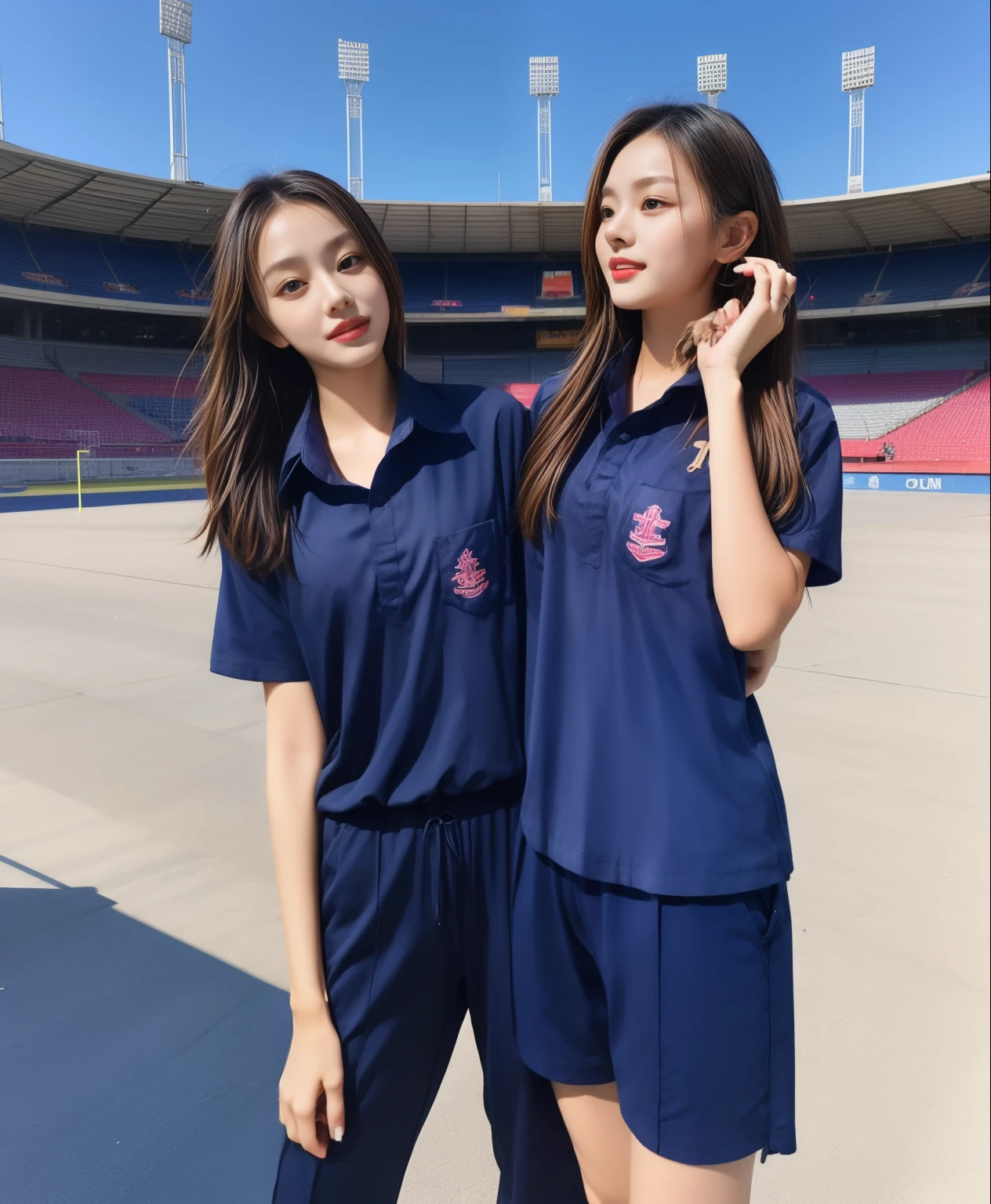(bestquality,10,10,highres,masterpiece:1.2),ultra-detail,(Realistic,photorealistic portrait,photo-realistic:1.37),1 Cute girl in the football field,oily shiny skin,bara,light smile,BDclothelue shirt:1.3)),short sleeves,shirt, trousers.,(navy_long_Pants Track:1.1), ((Stadium Background:1.3)),dynamic angle,excited,face focus,Dynamic Poses,from behide,Ass Focus,masterpiece, bestquality, ultra realistic, hyper-detail, 8k resolution, RAW photo, crisp focus, ((Navy blue shirt:1.1)), short sleeves, Long Path, Perfect body, 2 mature women, 18yo, cinematic light,Blue sweatpants,Gymware,Correct anatomy,Complete body, Correct body, sharp face, Anatomically correct body, full entire body, Realistic gestures, long-haired, Realistic poses,Wear long shorts..........................................,Long leg span,Shapely,Sculpting Girl, Slender Figure, mannequin mannequins, Shapely, Beautiful body,Blue sweatpants, Two girls kissing