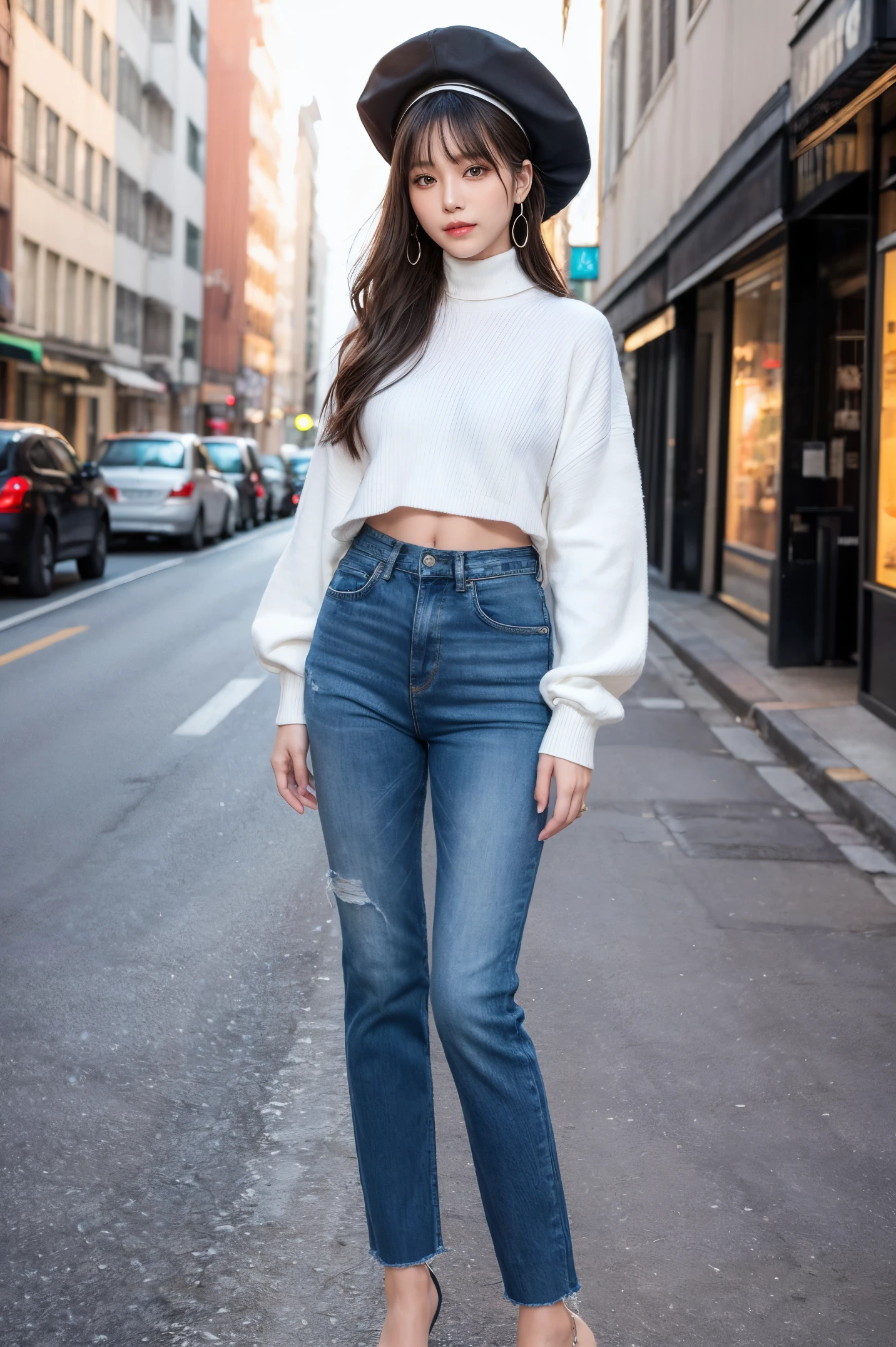 An extremely beautiful Asian girl,Solo,Mature girls,alone on the street,White turtleneck long-sleeved sweater,denim short,Black glossy ocean hat(Extremely delicate and beautiful work:1.2)Supermodel figure,supermodel height,A very beautiful girl,perfect figure example,slim toned body,Tight body shape,Plump,Perfect body curves,of the skin,Clear and refined skin texture(Advanced skin details:1.1)Flawless Korean idol face,Nice and beautiful smile,cabellos largos dorados,A head of light golden wavy hair,Clear and fine hair texture(Premium hair details:1.1),exquisite eye makeup,Delicate eye details,Blue pupil(Advanced eye details:1.1)Best example of four fingers and one thumb,Feet with perfect proportions of thighs and calves(jade foot)Wearing earrings,choker necklace,Bracelet,Sweater series,Jeans series,Photographic works,BestWorks,best qualtiy,Super refined,Extremely high resolution,Photography by one person