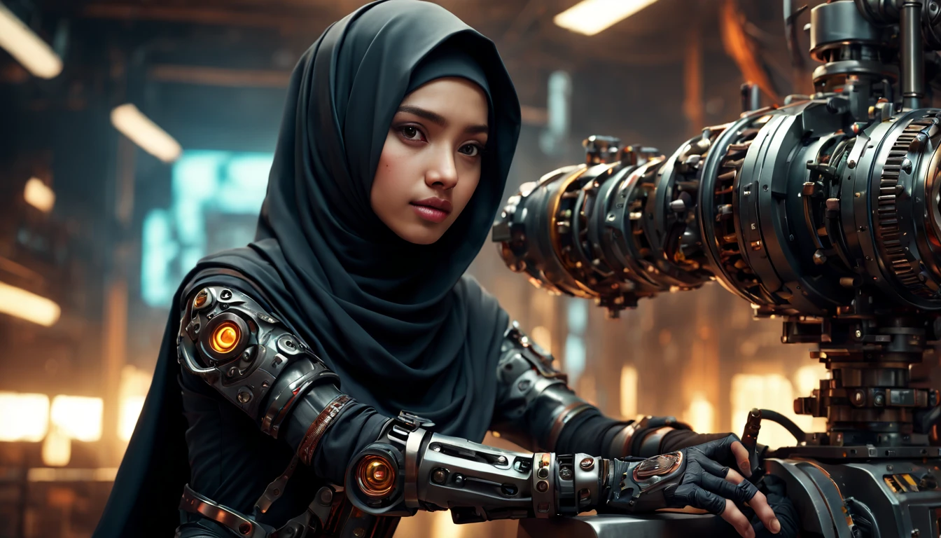 ((best quality)), ((masterpiece)), ((realistic, digital art)), Hyper HD, (hyper detailed), 1 Girl, Off Shoulder, Cinematic Lighting, RAW Photography, (Perfect Body Shape), DonMCyb3rN3cr0XL Beautiful Hijabi Malay woman Techno-witch, octane rendering, raytracing, volumetric lighting, Backlit, Rim Lighting, 8K, HDR, Dynamic Poses, Mechanical Face, Mechanical Arm, Sit on Ledge, Machinery Background, Modest Outfit