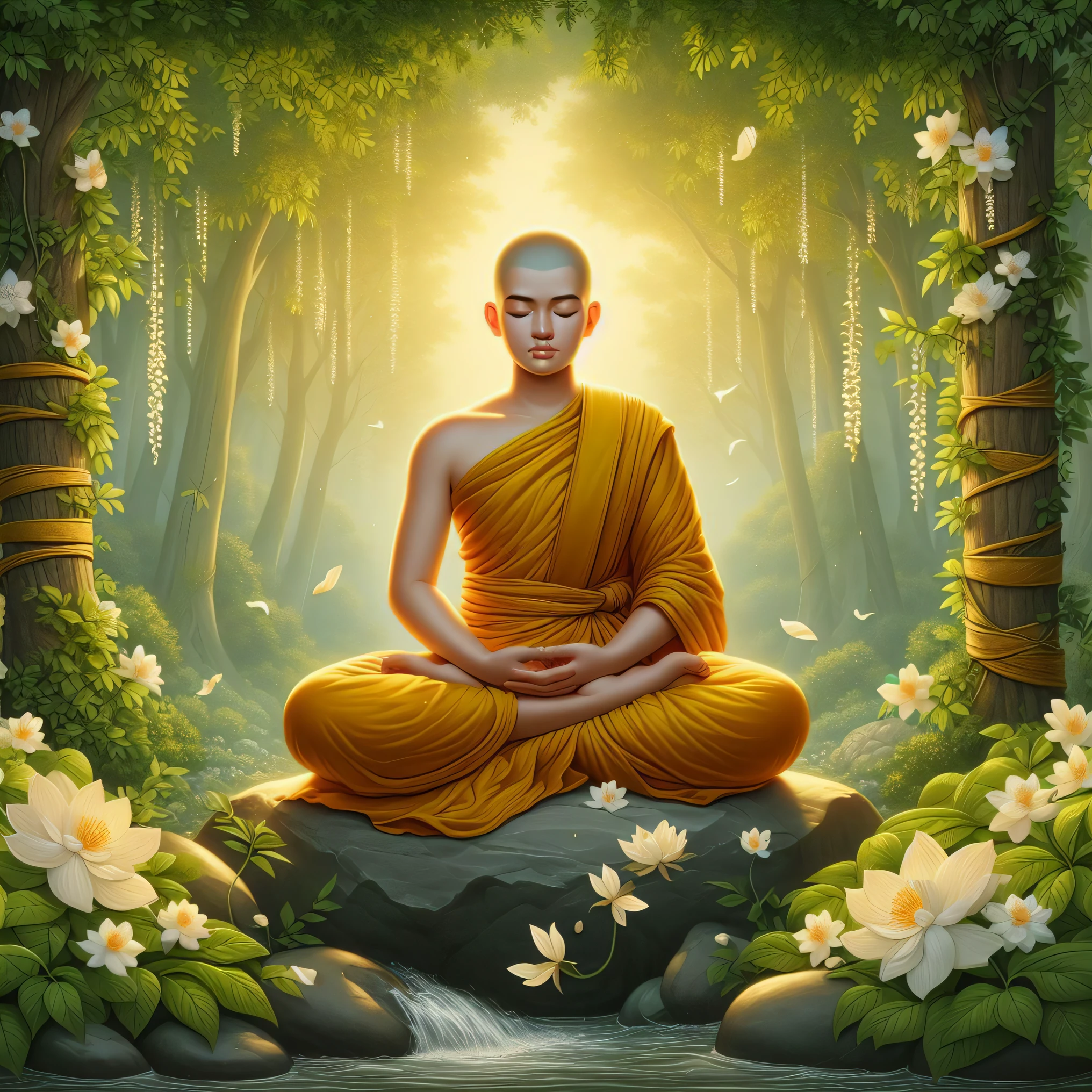 buddha sitting in meditation position in a forest with flowers, monk meditate, buddhist monk meditating, on path to enlightenment, buddhism, hindu stages of meditation, buddhist, on the path to enlightenment, the buddha, buddhist monk, spiritual enlightenment, samsara, zen meditation, concept art of a monk, meditation, meditating, zen natural background, portrait of monk, serene illustration