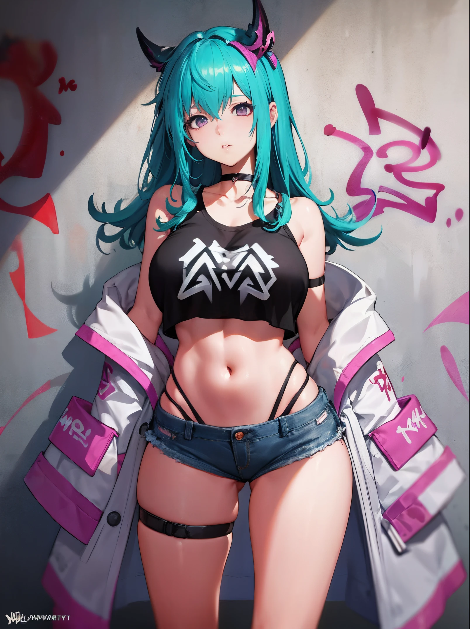 turn_nurse|Arena of Valor, master-piece, bestquality, 1girls,25 years old, proportional body, elongated legs, Beautiful, proportional., crop top, Long Jeans, gigantic breasts, ,bara, crop top, choker, (Graffiti:1.5), Splash with purple lightning pattern., arm behind back, against wall, View viewers from the front., Thigh strap, Head tilt, bored,