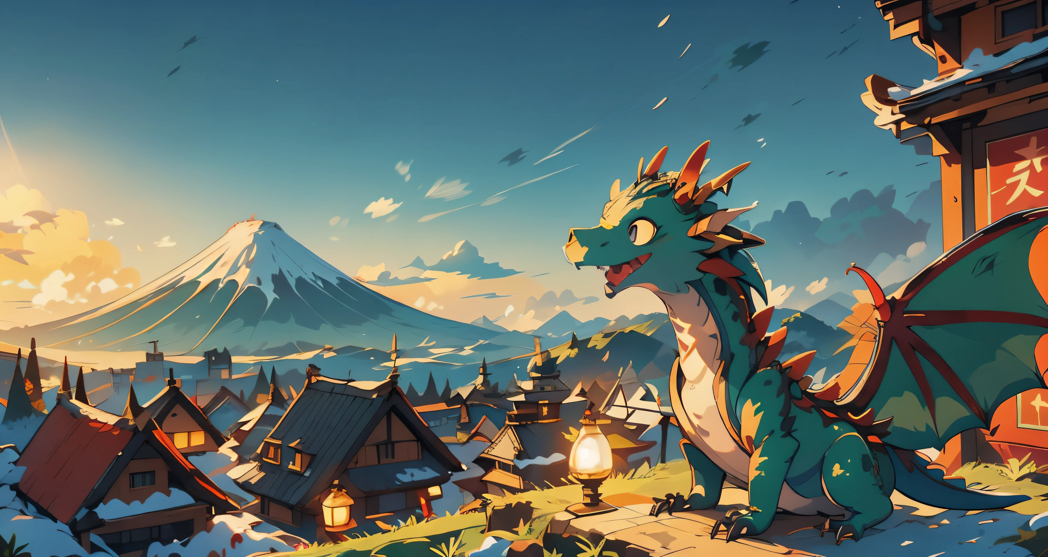 (dragon)，early morning, drak,smiling Dragon,Oriental Dragon,(New Year's card)，adolable，sunrises,(Happy New Year:1.5),Spring, Mt fuji,outdoor sunrise