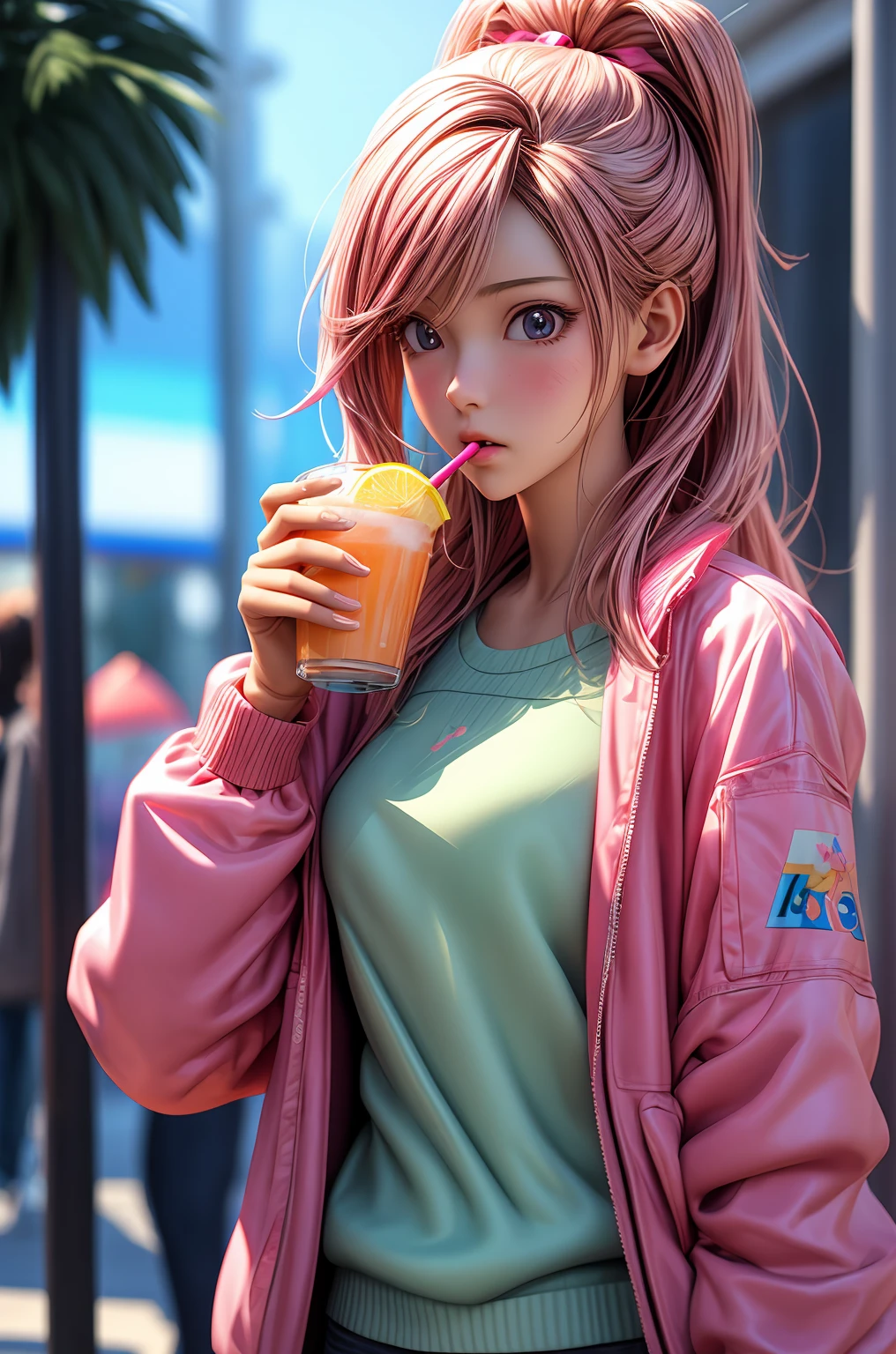 a girl in a pink jacket holding a drink, realistic anime 3 d style, cgsociety 9, kawaii realistic portrait, photorealistic anime girl render, trending on artstartion, realistic anime art style, 3 d anime realistic, soey milk, realistic anime artstyle, cute 3 d render, cute! c4d, realistic cute girl painting, rossdraws global illumination