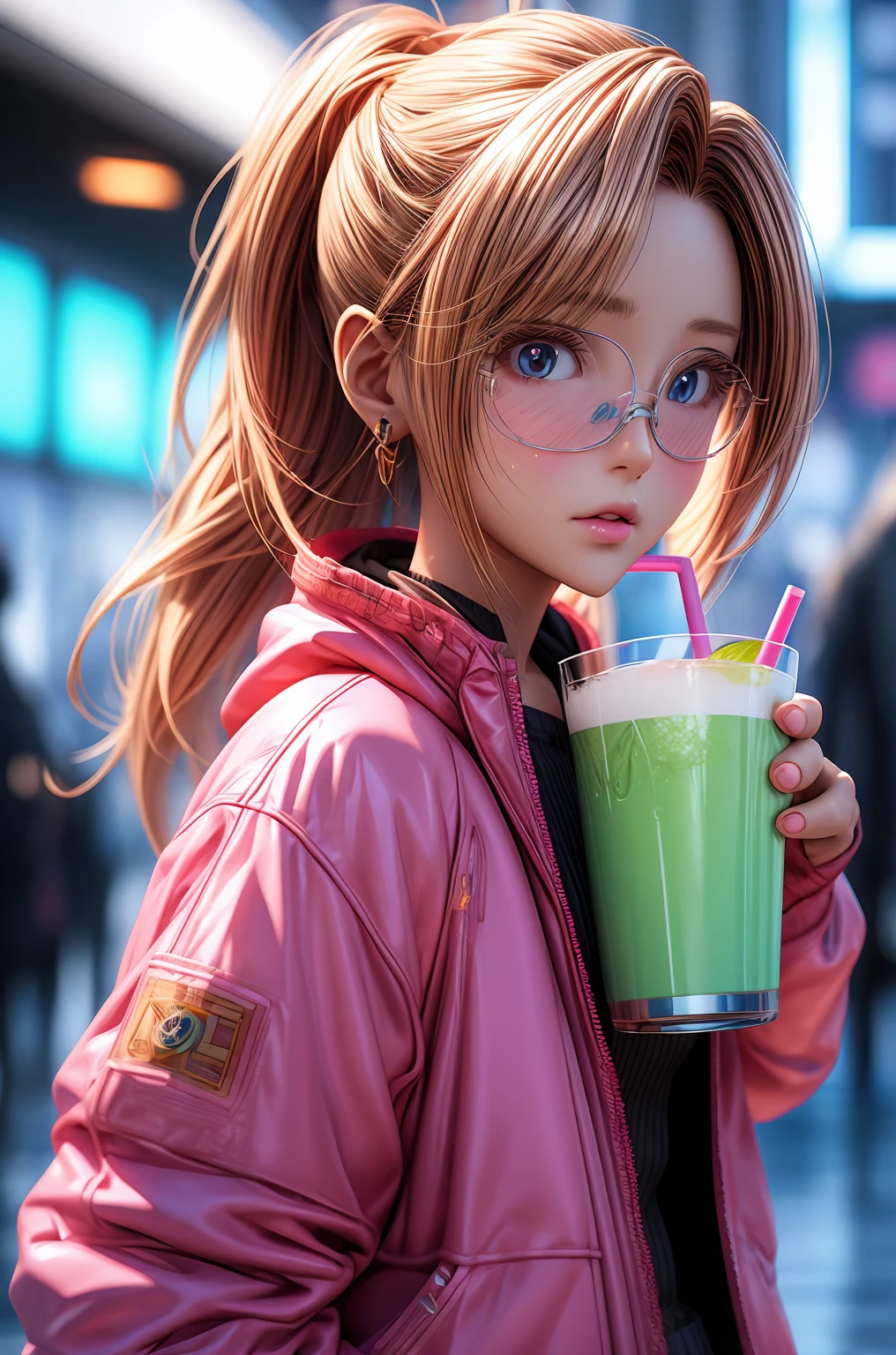 a girl in a pink jacket holding a drink, realistic anime 3 d style, cgsociety 9, kawaii realistic portrait, photorealistic anime girl render, trending on artstartion, realistic anime art style, 3 d anime realistic, soey milk, realistic anime artstyle, cute 3 d render, cute! c4d, realistic cute girl painting, rossdraws global illumination