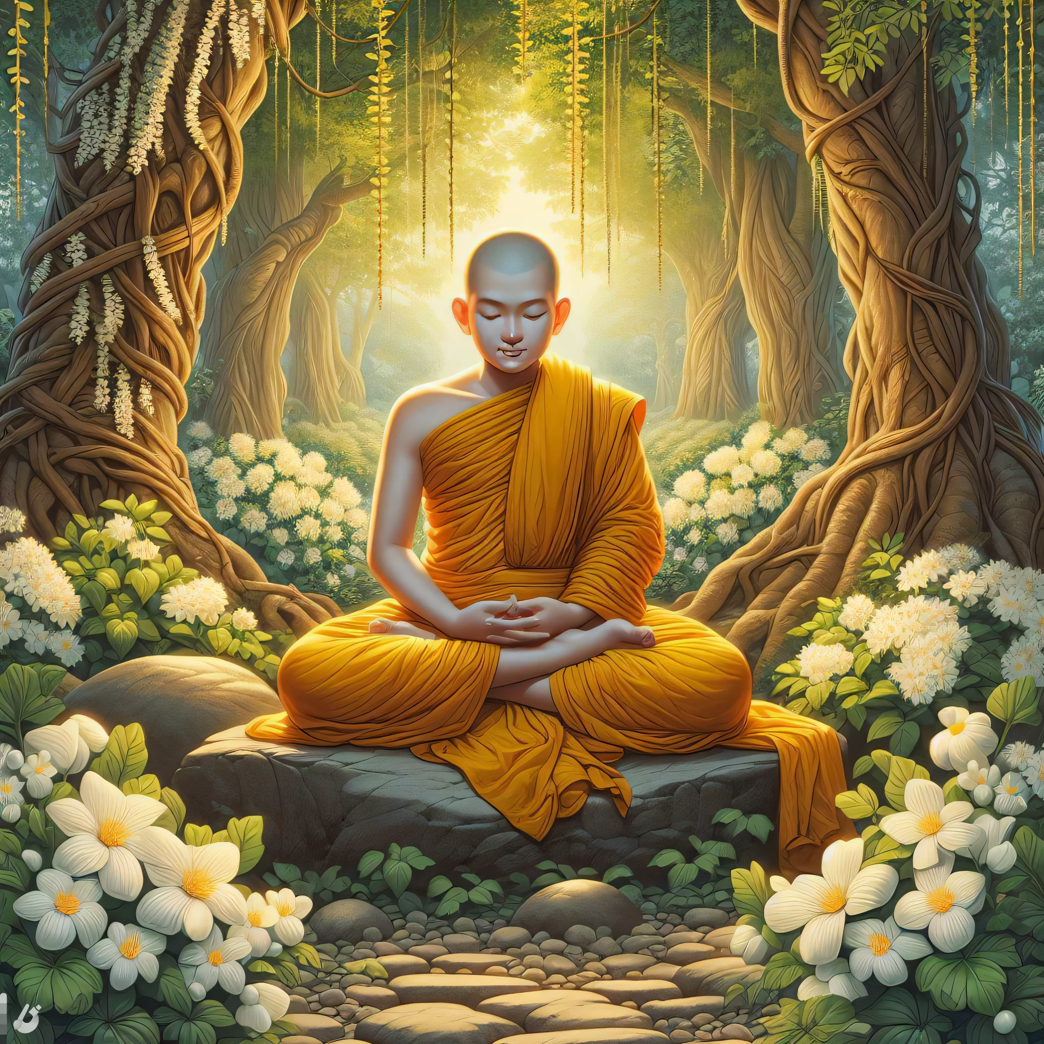 a painting of a monk sitting in a meditation position in a forest, monk meditate, on path to enlightenment, buddhist monk meditating, buddhism, samsara, on the path to enlightenment, buddhist, buddhist monk, the buddha, tithi luadthong, spiritual enlightenment, hindu stages of meditation, monk, enlightenment, enlightenment. intricate, enlightened, meditating, meditation