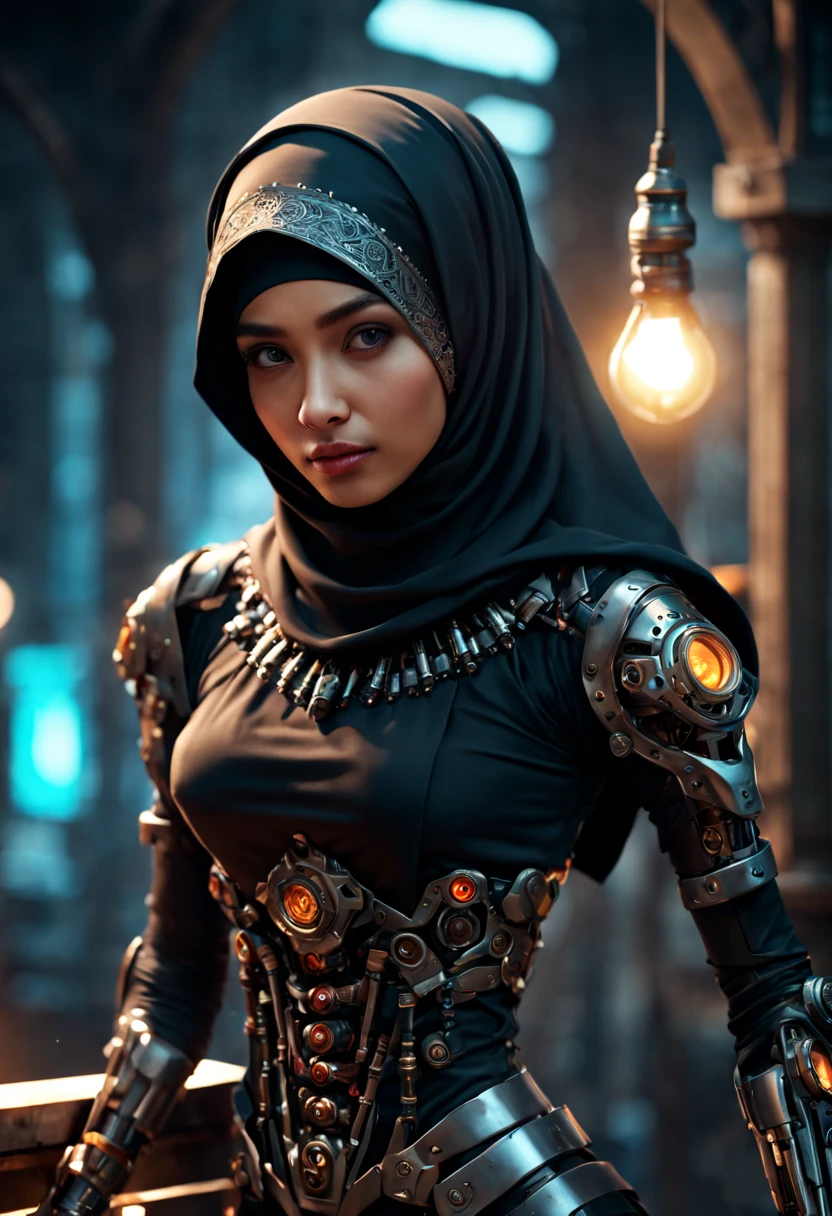 ((best quality)), ((masterpiece)), ((realistic, digital art)), Hyper HD, (hyper detailed), 1 Girl, Off Shoulder, Cinematic Lighting, RAW Photography, (Perfect Body Shape), DonMCyb3rN3cr0XL Beautiful Hijabi Malay woman Techno-witch, octane rendering, raytracing, volumetric lighting, Backlit, Rim Lighting, 8K, HDR, Dynamic Poses, Mechanical Face, Mechanical Arm, Sit on Ledge, Machinery Background, Modest Outfit