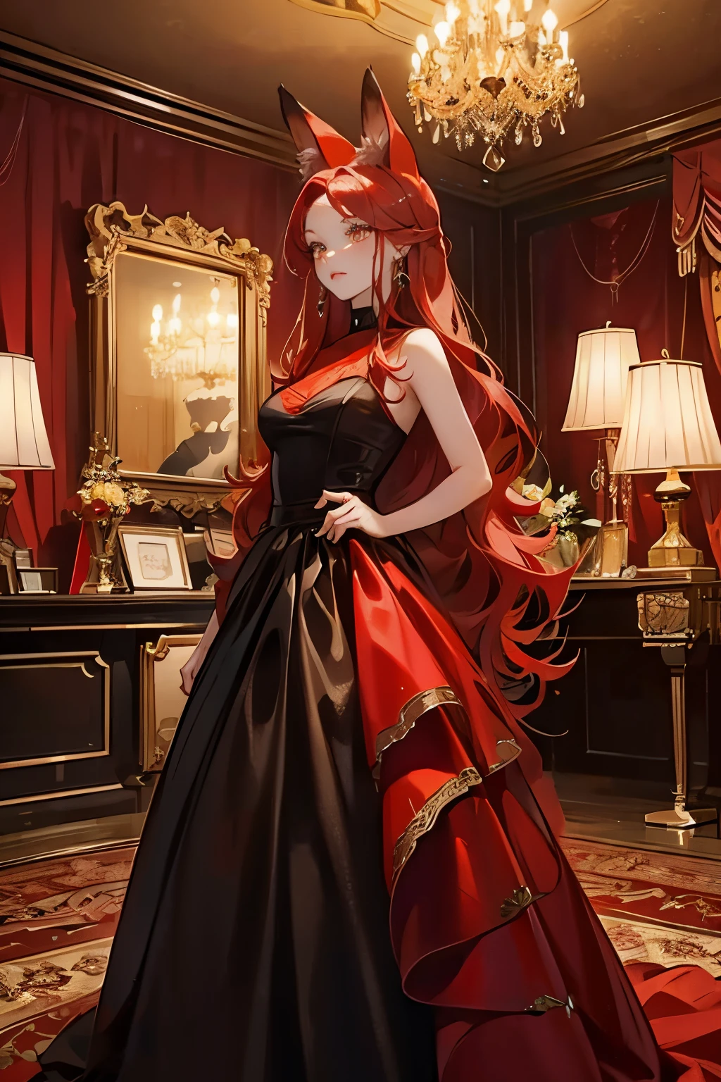 red tinted hair，red fox ears，gold eyes，Rich black dress，Prom，Prom Hall，Colored crystal lamps
