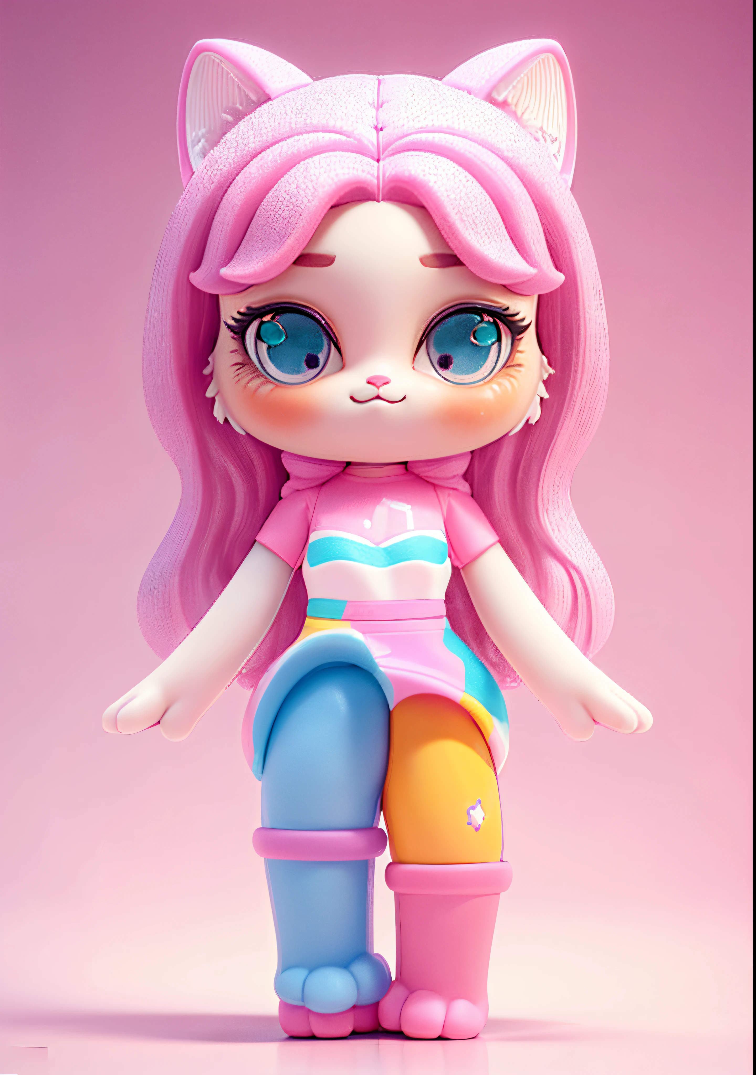 ((1 girl, Her face has cat features, Keep your mouth shut, Permanent, full bodyesbian)),((tmasterpiece:1,2, cat-like mouth, pink back ground, pinkskirt, A yellow-haired, blue eye quality, tmasterpiece, Original, The is very detailed, Studio lighting,(The is very detailed: 1.2), 8K, 3D hair styling, Very beautiful and digital, Blander, octaneratingrendering, popular toys, a blind box toy