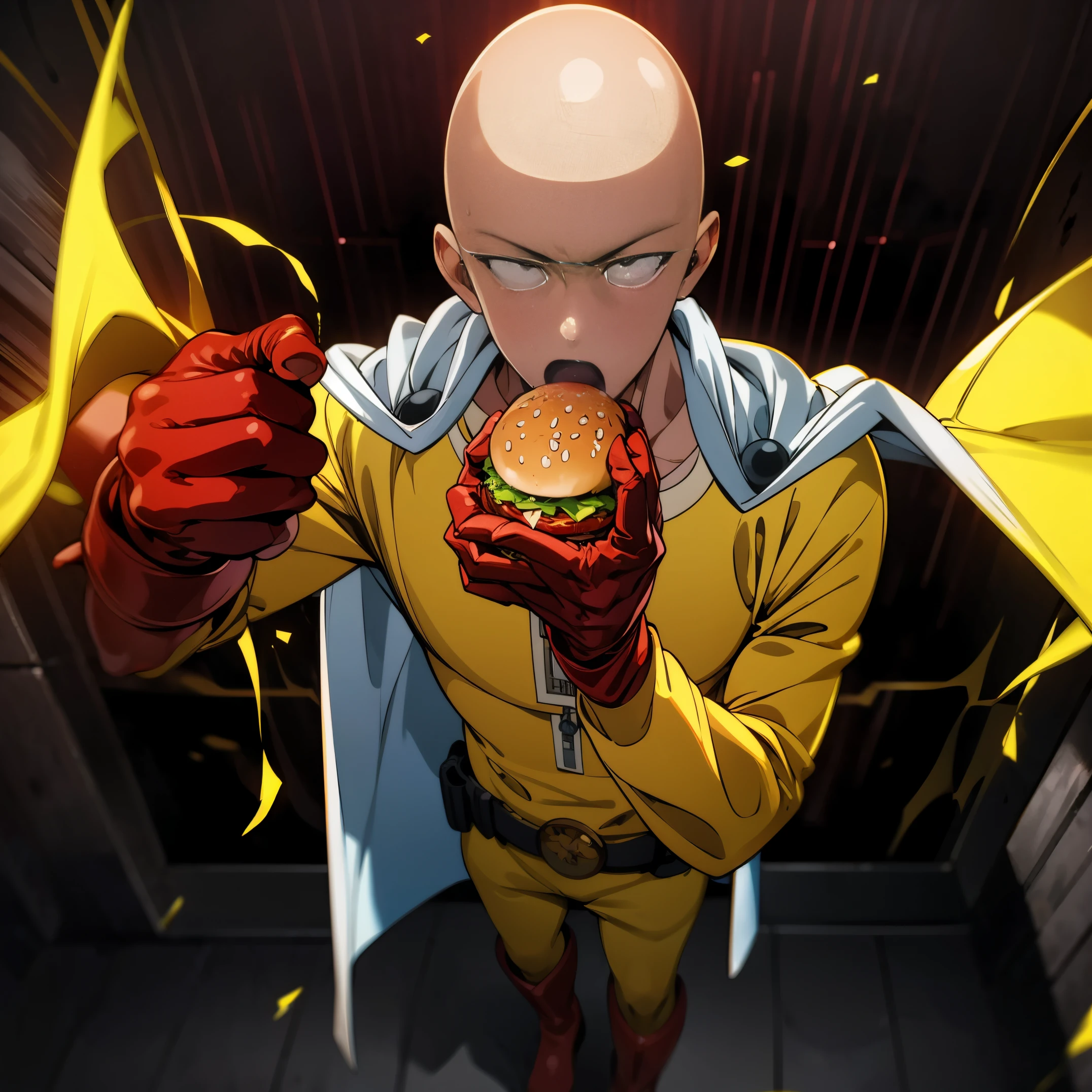 masterpiece, best quality, 1boy, (saitama), bald head, black eyes, red gloves and red boots, yellow clothes and white cape, siting in shop, eating burger, fast food, close up shot, eating, holding burger in both hand, open mouth, detailed face, aura power, night, natural light, standing, male focus, movie composition, deth of field, bokeh, cinematic (futuristic), (full body),