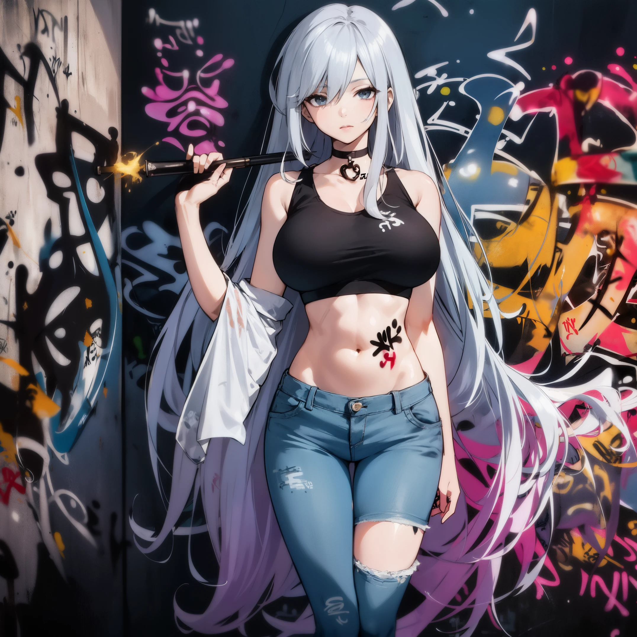 sinestrea, 1girl, solo, grey hair, master-piece, bestquality, 1girls,25 years old, proportional body, elongated legs, Beautiful, proportional., crop top, Long Jeans, gigantic breasts, ,bara, crop top, choker, (Graffiti:1.5), Splash with purple lightning pattern., arm behind back, against wall, View viewers from the front., Thigh strap, Head tilt, bored,