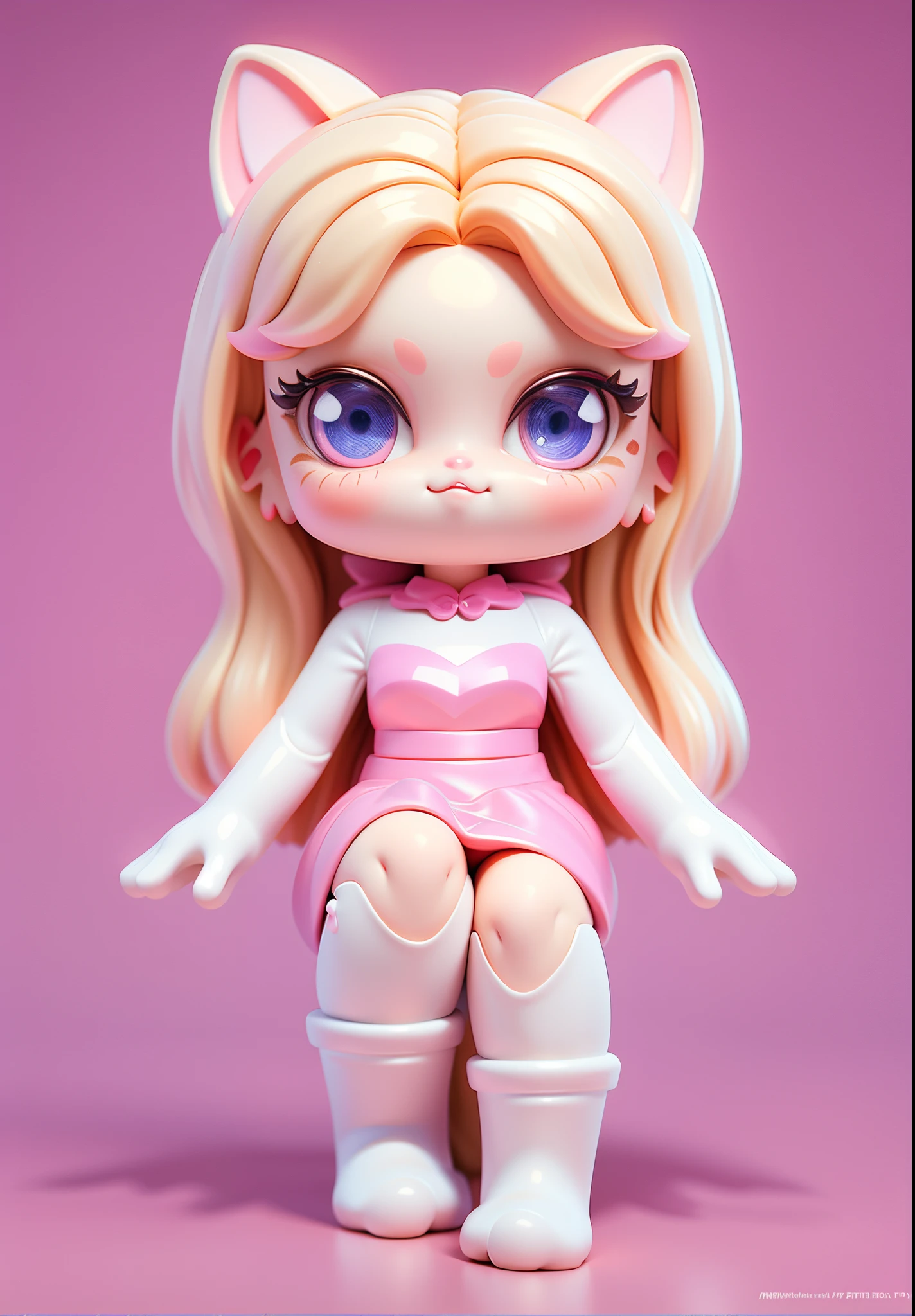 (masterpiece:1,2, cat-like mouth, pink background), best quality, masterpiece, original, extremely detailed, perfect lighting,(extremely detailed CG:1.2), 8K, 3d style,anime girl, pink skirt, ((blonde hair)),blue eyes, very beautiful and lovely cat woman, lovely digital art ,chibi,3d rendering, c4d, blender, octane render, popular toys, blind box toys, Disney style