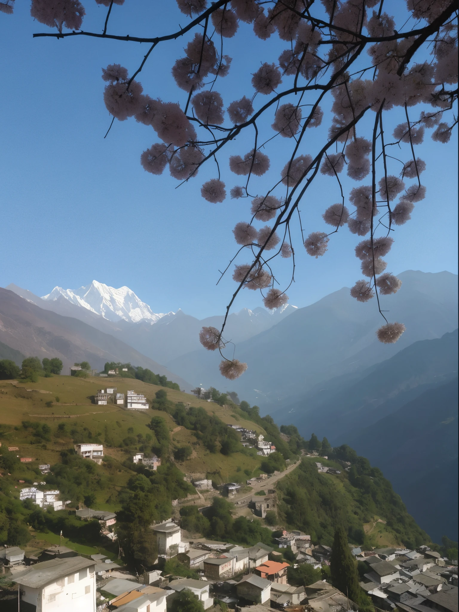 a view of a town with a mountain in the background, uttarakhand, breathtaking himalayan landscape, himalayas, view of villages, scenary, beautiful mountains behind, beautiful scenery, very beautiful scenery, with village, beautiful view, with mountains in background, village, landscape view, by Rajesh Soni, above view, nepal, in mountains, with mountains in the background