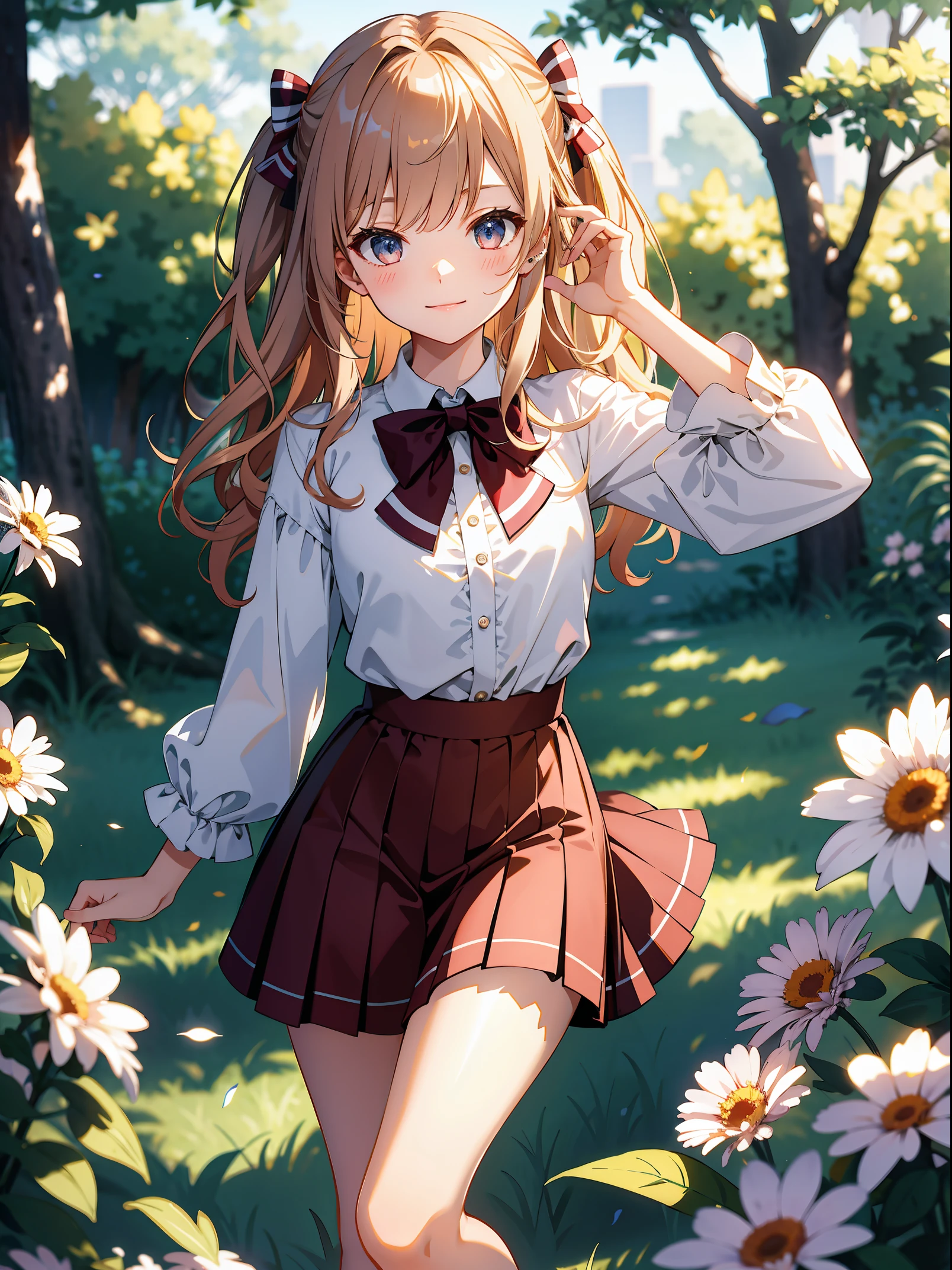 (masterpiece:1.2), best quality, highres, original, (extremely detailed:1.2), ultra-detailed, wallpaper, perfect lighting,(extremely detailed CG:1.2), 8k, anime illustration, 1girl, solo, smiling, curly hair, (white bow-sleeve blouse:1.leated knee-length skirt:1.2), standing in a park, surrounded by flowers and trees, sunlight filtering through the leaves, sunny, close-up, frontal, looking at viewer, unity 4k