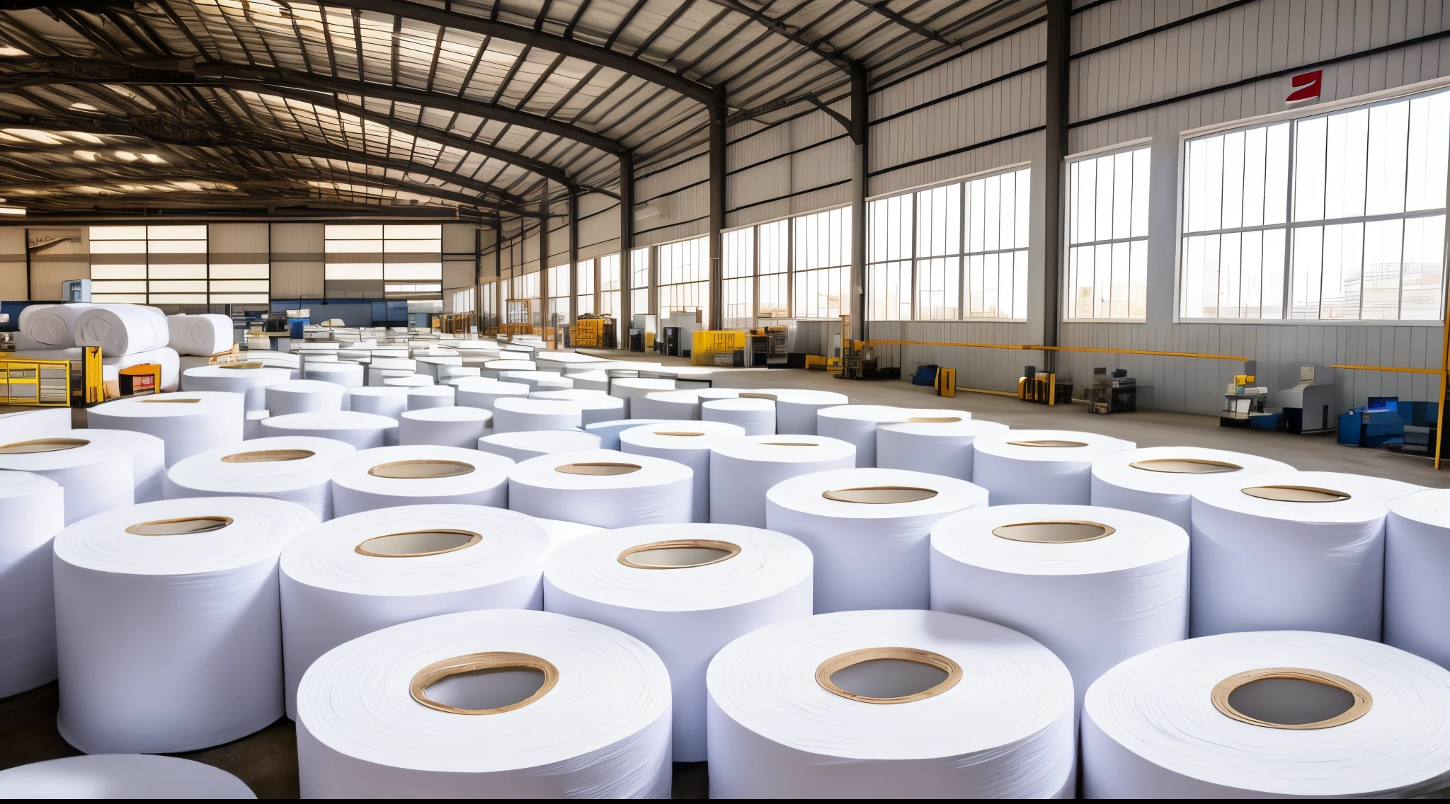 workers wearing pink uniform and blue helmet in a factory with rolls of Toilet Paper, on high-quality , in a factory, stock photo, manufacturing, high quality , industries, , where a large, industrial photography, clean line, a large, interesting background, advertising photo, illustration, professional, stockphoto, stunning image, thumbnail, people at work, industrial factory, realistic image, 16k resolution, futuristic factory, perspective background, Align Toilet Papers, many toilet papers from left side and right side, sunny day in factory, white toilet paper, world record for biggest toilet papers