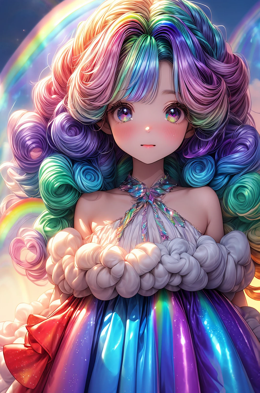 ​masterpiece、top-quality、top-quality 、soft focus , light gradation watercolor , lens flare , glitter , glow , dreamy , white background、Yumekawa 、(((rainbow)))、Grid illusion, Colorful, Girl、(((kawaii)))、(((great joy)))、(((rainbow-colored hair、Loose fluffy curls)))、(shining crystals)、Cute as a dream、(((a pale、Moya)))、watercolor paiting(Curly)、Float fluffy、foam、iridescent eyes、patterns、(rainbow-colored hair:1.6)、((((Iridescent dresses)))).colourfull、Spread throughout、kawaii、pastels、--ar 1:1