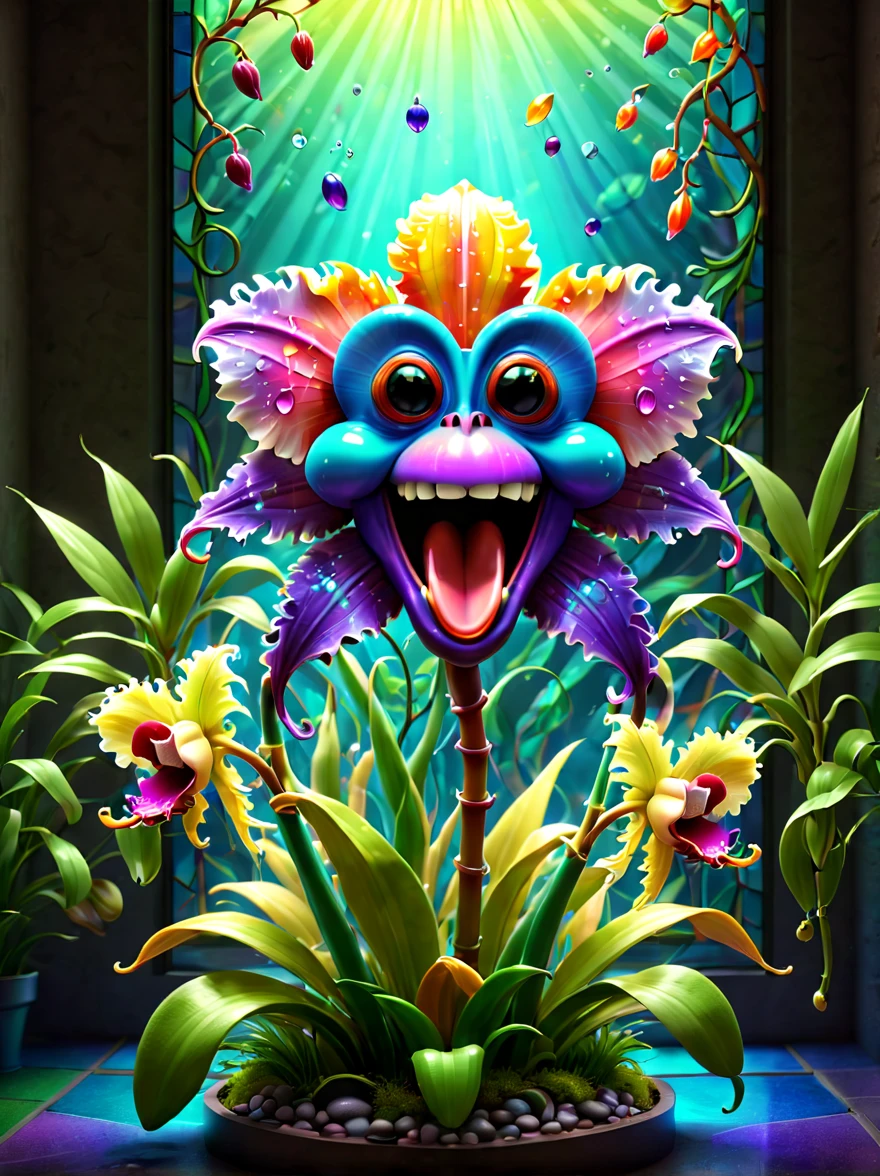 stained glass style，(a magical plant，Colorful rainbow monkey face orchid)，Mouth full of nectar, Cute 3d rendering, Plants covered in liquid, Rendered in Cinema 4D Octane, blender art, Cinema 4D color rendering, Very detailed happy photos, Render in Cinema4D, 4D cinema rendering, Colorful octane rendering, 3d illustrations, 3d illustrations, stylized as a 3d render . A vibrant, The beautiful, semi transparent, iintricate, Detailed pubic hair