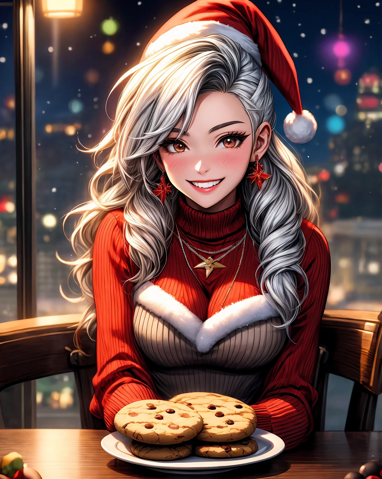 anime girl with white hair and red sweater sitting at a table with cookies, [[[[grinning evily]]]], warm smile, cunning smile, christmas night, joyful smirk, (winking), valentina remenar, from overwatch, wearing festive clothing, riven, kda, loli, grinning lasciviously