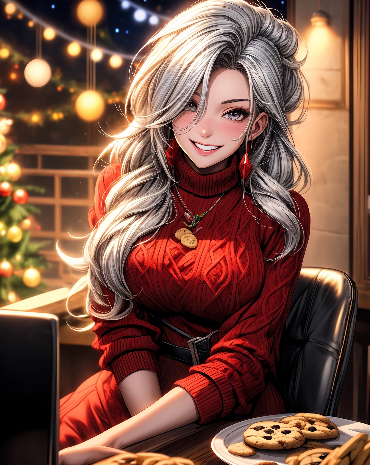 anime girl with white hair and red sweater sitting at a table with cookies, [[[[grinning evily]]]], warm smile, cunning smile, christmas night, joyful smirk, (winking), valentina remenar, from overwatch, wearing festive clothing, riven, kda, loli, grinning lasciviously
