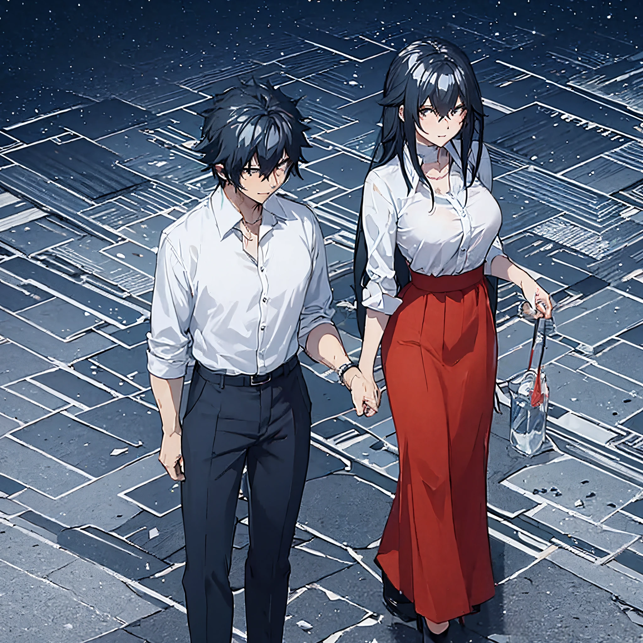 a man in a white shirt and black pants holding the hand of a woman in red clothes in Tokyo at night