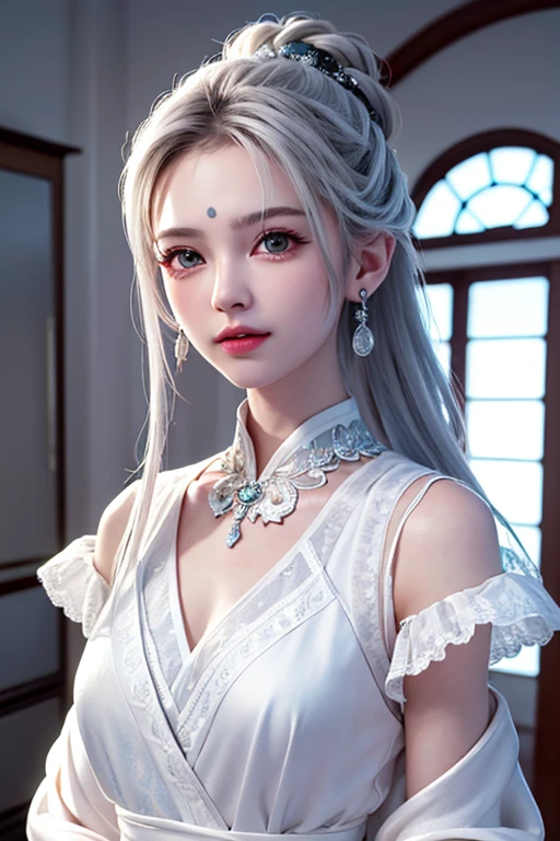 (best quality, masterpiece:1.2), ultra high res, realistic, front lighting, intricate detail, Exquisite details and textures, 1girl, solo ,(young), face highlight, upper body, detailed face, tear mole, white skin, silver hair, ponytail, braid hair, looking at viewer, big eyes, silk robe, (hollow pattern, white, silk), earrings, small breasts, slim body, luxury room, professional lighting, photon mapping, radiosity, physically-based rendering,