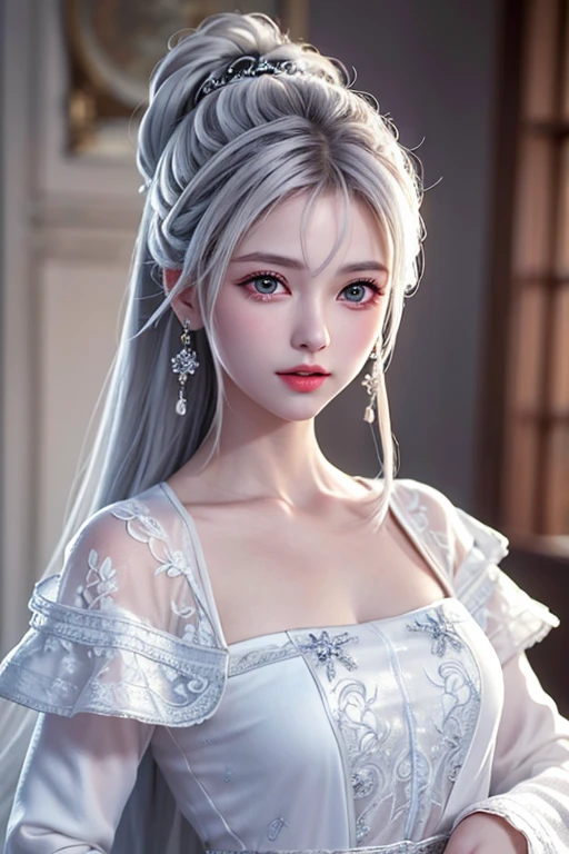 (Top Quality, Masterpiece: 1.2), Ultra High Resolution, Realistic, Front Lighting, Intricate Details, Exquisite Details and Textures, 1girl, Solo, (Youth), Face Highlights, Upper Body, Detailed Face, White Skin, Silver Hair, Ponytail, Braid Hair, Watch Viewer, Big Eyes, Silk Robes, (Hollow Pattern, White, Silk), Earrings, Small Breasts, Slim Body, Luxurious RoomProfessional Lighting, Photon Mapping, Radiosity, Physically Based Rendering,