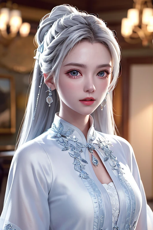 Trends on ArtStation, Trends on CGSociety, Intricate, High Detail, Sharp Focus, Dramatic, Realistic Art of Drawing by Midjourney and Greg Rutkowski, Sketch, Masterpiece, Best Quality, Very Detailed, 1girl, Half, Beautiful Meticulous Eyes, Cute Anime Face, Bust, Beautiful Meticulous Face, White Hair, (Botanical Illustration: 1.5), White Dress