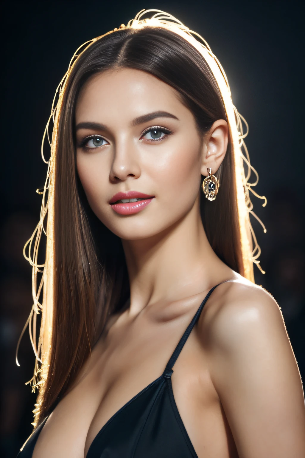 (Masterpiece:1.3), (8K, Photorealistic, Raw photography, Best Quality:1.4), (1girl), Beautiful face, Realistic face, (Detailed face), Beautiful hairstyle, (Detailed hair), Realistic eyes, (Detailed eyeeautiful details, Realistic skin, (Detailed skin), Beautiful skin, Attractive, Ultra high definition, A hyper-realistic, Very detailed, (Small breasts:1.3), (cleavage:0.8), Russian beauty at a fashion show, slim figure, (wear casual clothes), (Wear super luxury accessories), gentle smile, on the fashion show runway, (The audience seats are dark, but the stage is bright), blue eyes, blonde hair