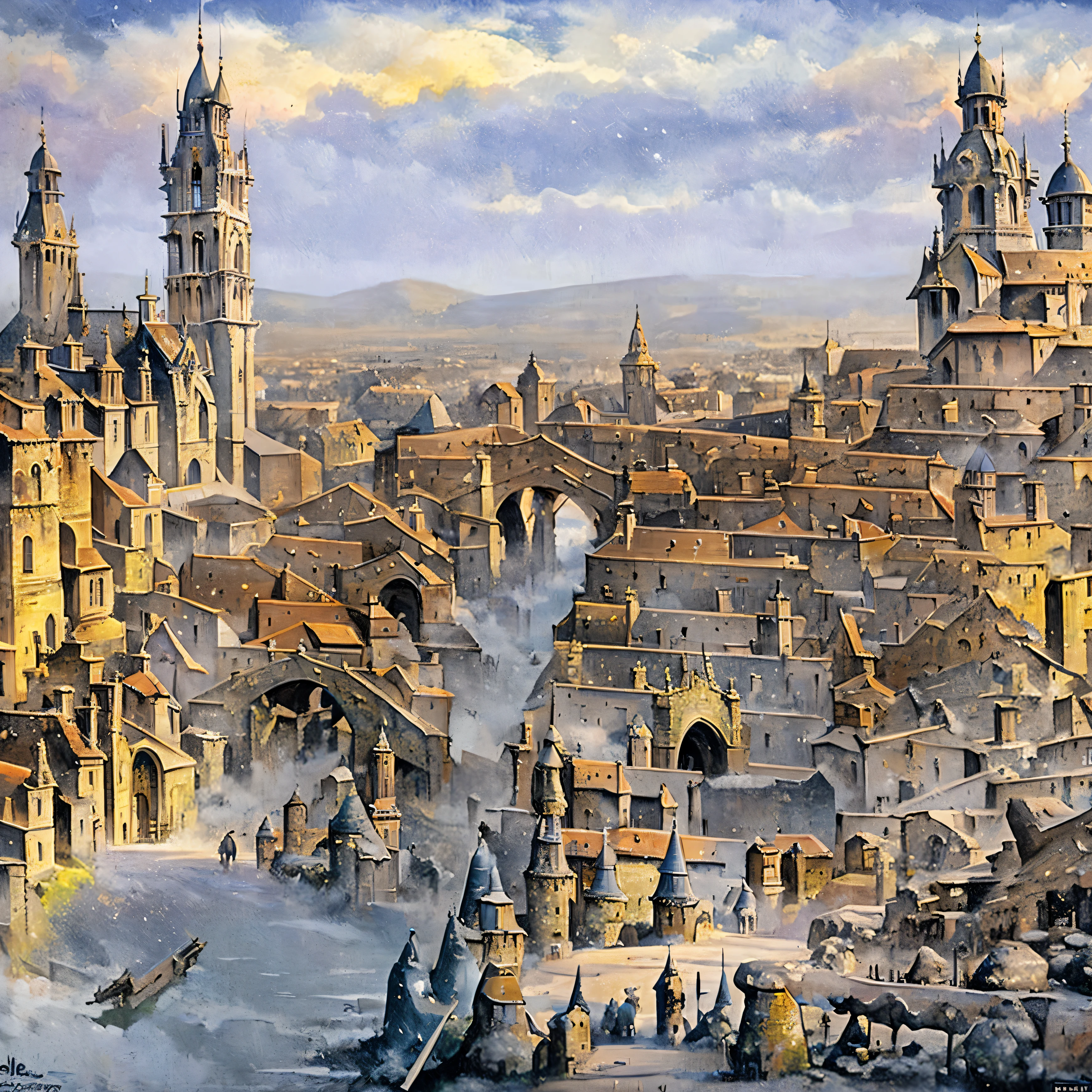 painting of a city with a lot of buildings and a tower, medieval city, a medieval city, medeival fantasy town, fantasy cityscape, medieval town, fantasy capital city, ancient steampunk city, medieval city background, steampunk villages castles, medieval town landscape, medieval cities, fantasy town, medieval village, fantasy city, a bustling magical town, ancient city