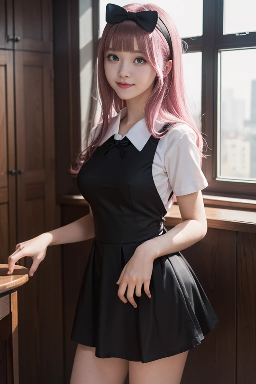 beautiful face, smile, perfect, white skin, 1girl, looking at viewer, perfect girl, (((MEDIUM breasts))), full body, blurred background, (((standing))), on the room, perfect body, Solo, (((Masterpiece)), seducing, Eyes wide, slim waist, sexy posing, slim tight, teen, young, chika fujiwara, black bow, blue eyes, blunt bangs, hair bow, long hair, pink hair, black dress, dress, pinafore dress, school uniform, shirt, short sleeves, shuuchiin academy school uniform, white shirt