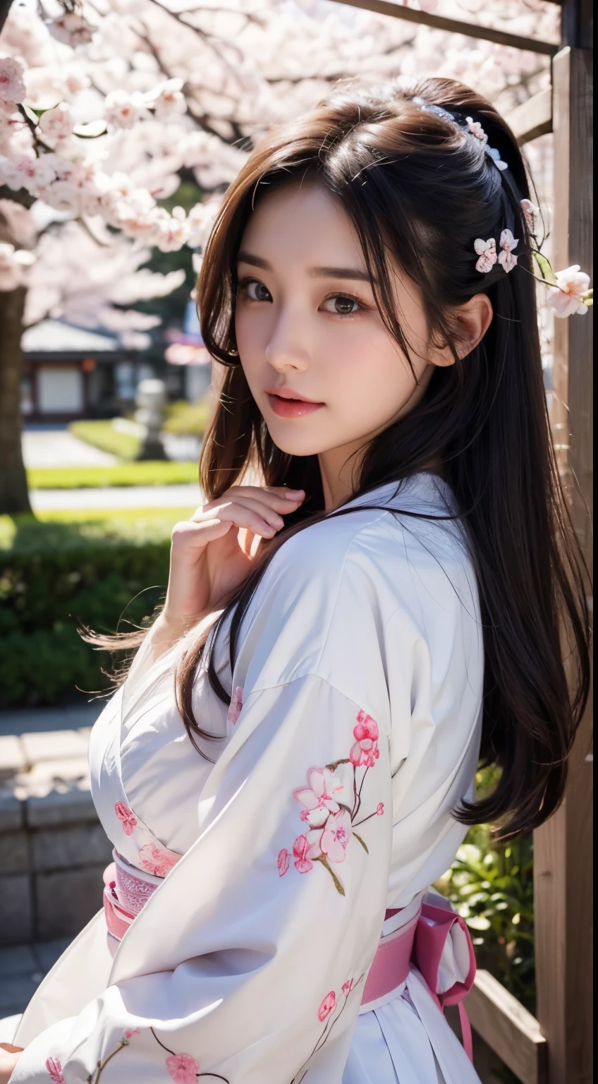 (A logo、​masterpiece、8K、masutepiece、Raw photo、Fantastic、Best Quality、8K wallpaper that combines photorealism and high-definition CG、hightquality、ighly detailed、epic poem、Particle effect、Dynamic effects、depth of fields、Cinematic Light、Lens Flare、Ray tracing)、Fantasia、 (Beauty 1 person、White Japanese Clothing、Japanese dress、White cherry blossom pattern、White cherry blossom embroidery pattern、A dark-haired、Beautiful face、Real Face、beautiful details eyes beautiful skin)、Hair flutters in the wind、Hair jumps、Pink cherry blossom tree、Petals flutter、Sakura blizzard、Superb view、morning glow、Sun in the background、the wind