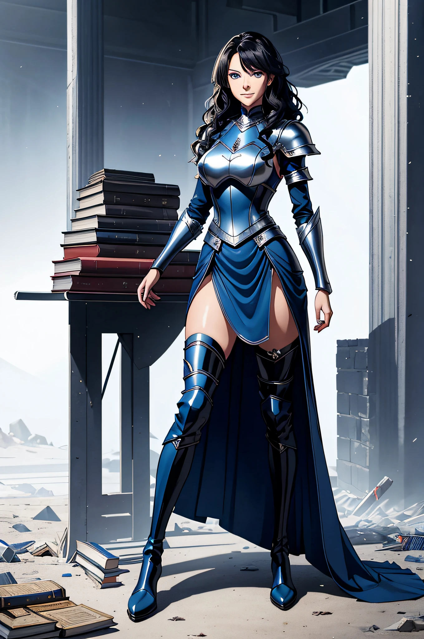 full length image anime 28yo woman, standing, extremely detailed, very sharp, best quality, 4k, full length, with very long curly black hair, sharp blue eyes, a slight smile on her face, wearing blue scale mail armor, long skirt, knee high boots, full length image, books and tools scattered on the ground near her feet, white background