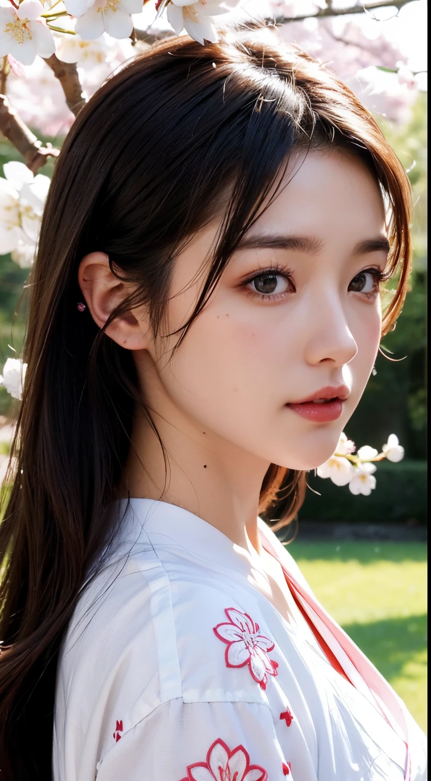 (A logo、masterpiece、8K、masutepiece、Raw photo、Fantastic、Best Quality、8K wallpaper that combines photorealism and high-definition CG、hightquality、ighly detailed、epic poem、Particle effect、Dynamic effects、depth of fields、Cinematic Light、Lens Flare、Ray tracing)、Fantasia、 (Beauty 1 person、White Japanese Clothing、Japanese dress、White cherry blossom pattern、White cherry blossom embroidery pattern、A dark-haired、Beautiful face、Real Face、beautiful details eyes beautiful skin)、Hair flutters in the wind、Hair jumps、Pink cherry blossom tree、Petals flutter、Sakura blizzard、Superb view、morning glow、Sun in the background、the wind