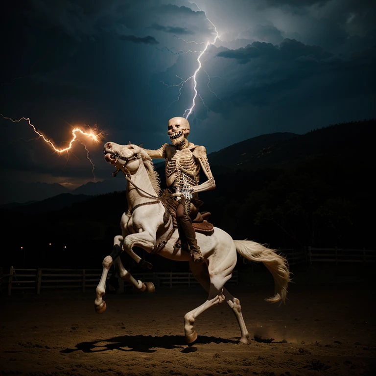 Skeleton laughing while riding a horse with lightning striking him