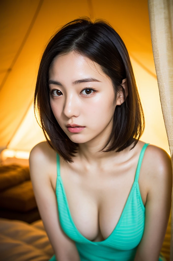 (8K、top-quality、​masterpiece:1.2)、(reallistic、Photorealsitic:1.2)（Inside a tent at a campsite）（lanthanum）（Underwear）Kiss Face,sad Facial expression,embarassed expression,Alafed Girl, chiho, iwakura lain, closeup Iwakura Lain, With short hair, Shiori Teshirogi, Kotegawa Yui, hime-cut, She is , sui ishida with black hair, lain iwakura, girl cute-fine-face, Clear pubic contours,(Small breasts), hight resolution, ighly detailed, top-quality, [​masterpiece:1.6],, ighly detailed, nffsw, finely detail, top-quality, , Cinematographic lighting, 1girl in、17 age、Cute Girls、perfect body type、, cute droopy eyes beautiful big eyes、Transcendent beauty　top-quality、​masterpiece、majicMIX Real、(Raw photography:1.2)、(Photorealsitic:1.4)、Negative Prompt